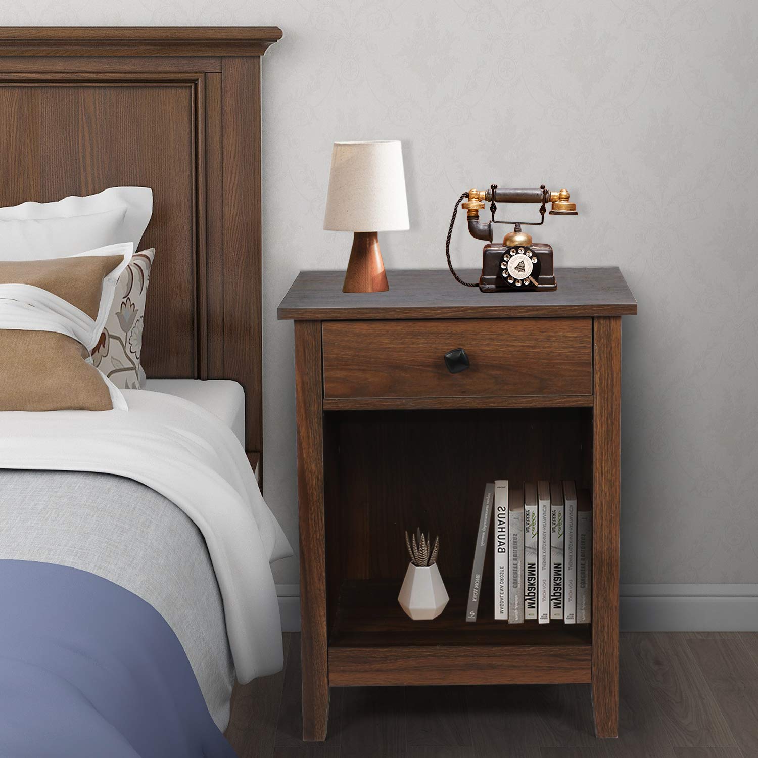 GBU Bedroom Nightstands - Set of 2 Wooden Night Stands with Drawer, Large Storage End Tables for Bedroom (18.11