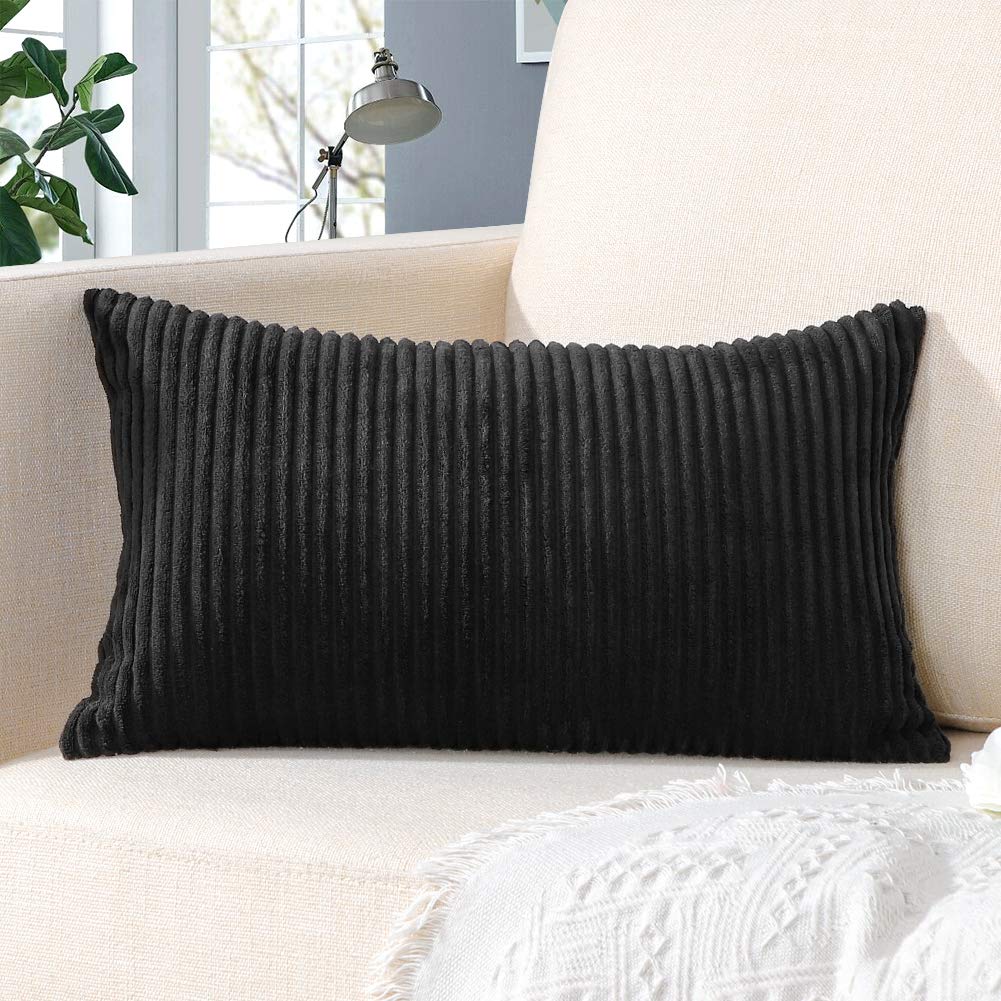 Artscope Cozy Striped Corduroy Pillow Covers - Super Soft Decorative Oblong Throw Pillow Cases 12x20 Inches for Sofa, Couch, Bed & Car - Perfect for Home Decor, Living Room Accents & Seasonal Styling (Black)