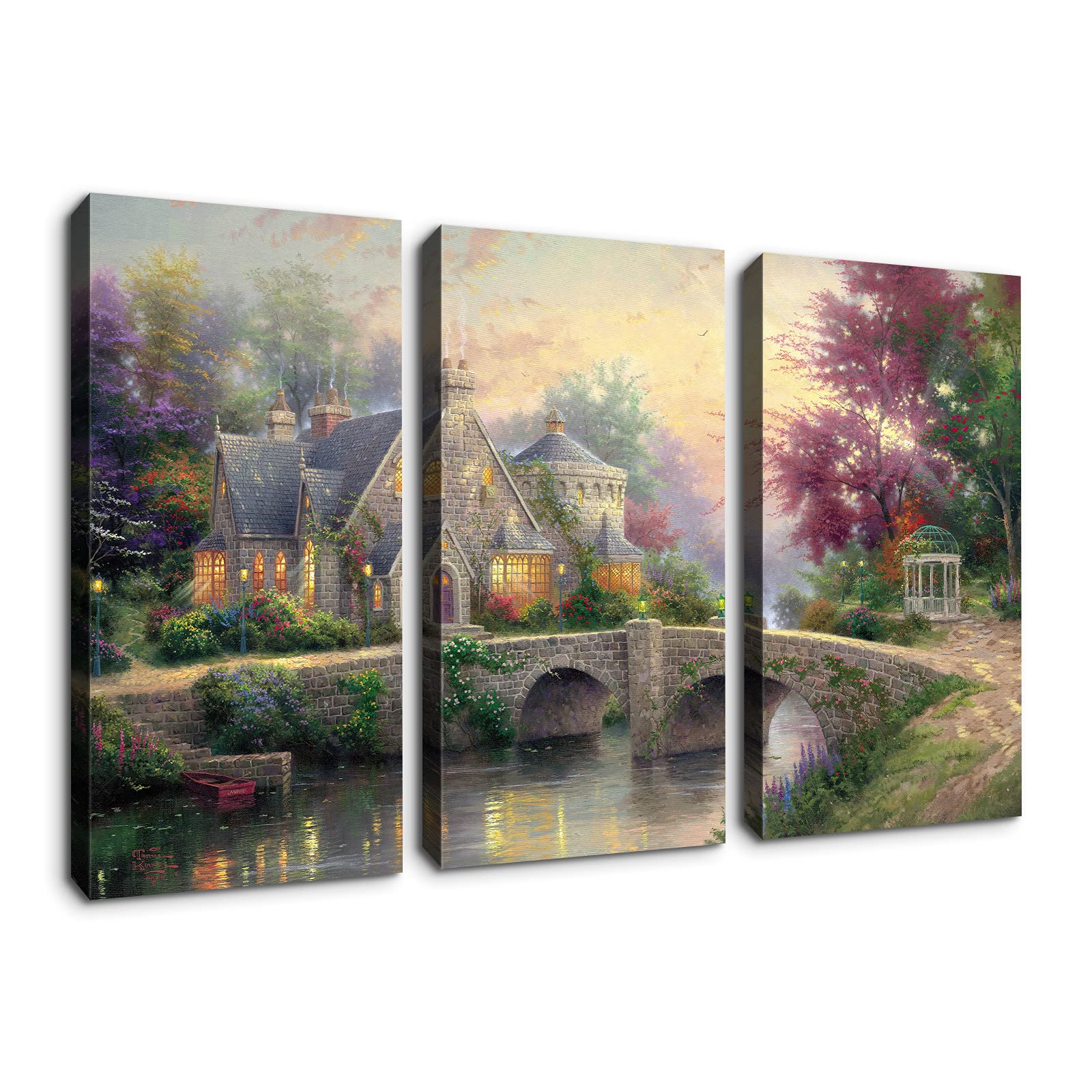 Denozer - 3 Panels Thomas Kinkade Garden Landscape Oil Painting Canvas Wall Art - Stretched & Framed Ready to Hang - 20