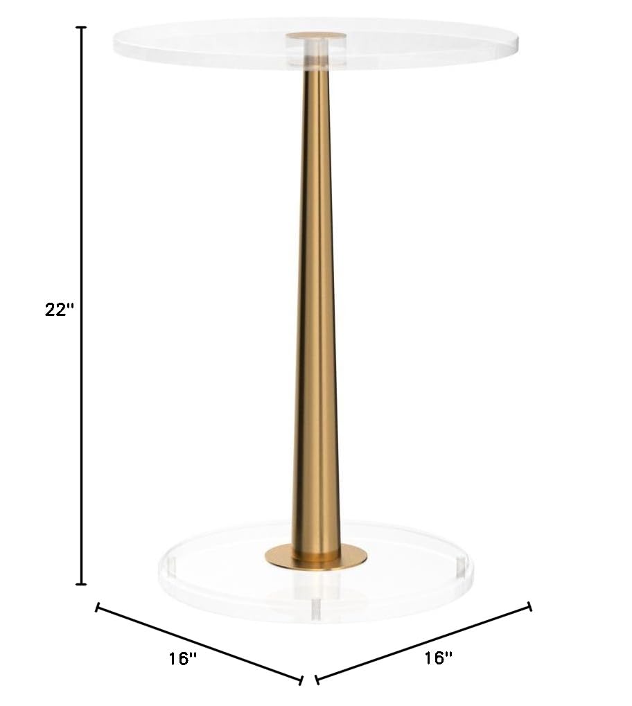 Small Clear Acrylic Table with Brushed Gold Cone Metal Pole - Modern Side Table for Living Room, Bedroom, or Office Decor
