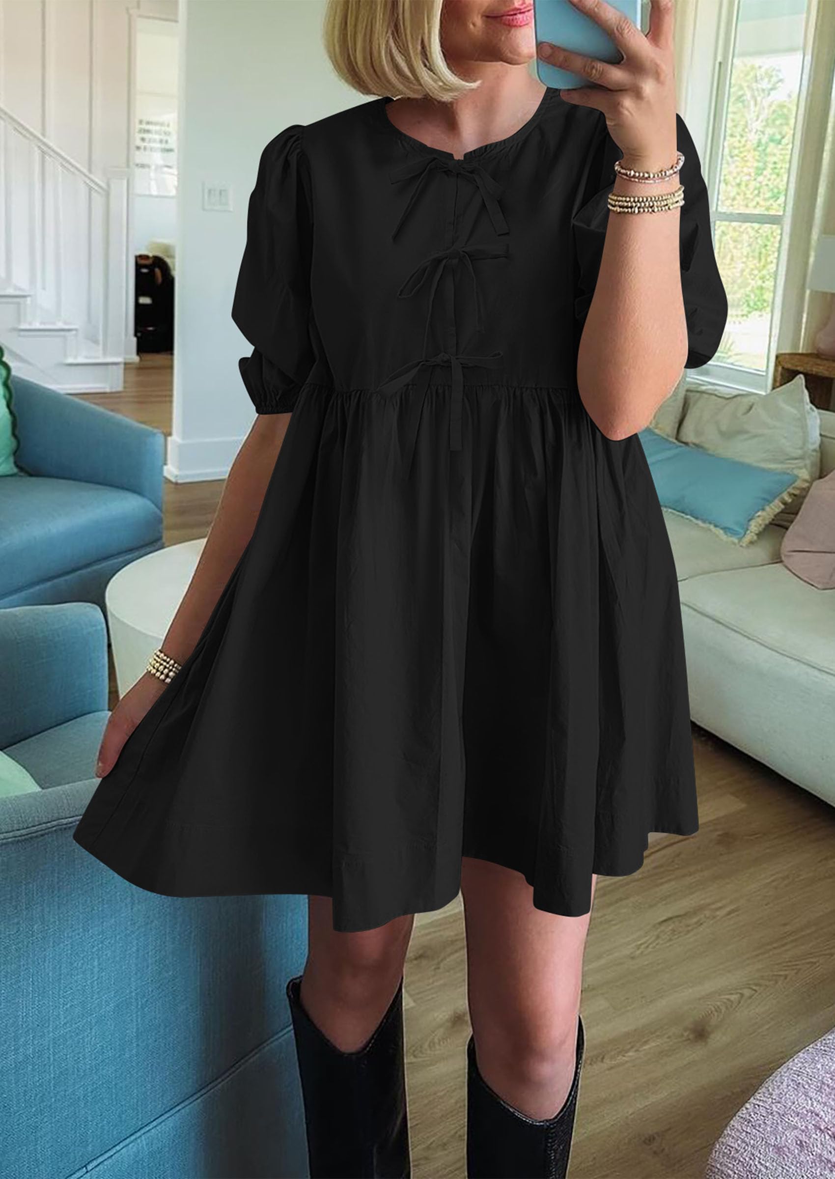 PRETTYGARDEN Women's Summer Casual Short Sleeve Dress - A-Line Bow Tie Front Babydoll Mini Dress with Pockets | Loose Fit Cute Flowy Dress for Beach, Vacation & Daily Wear