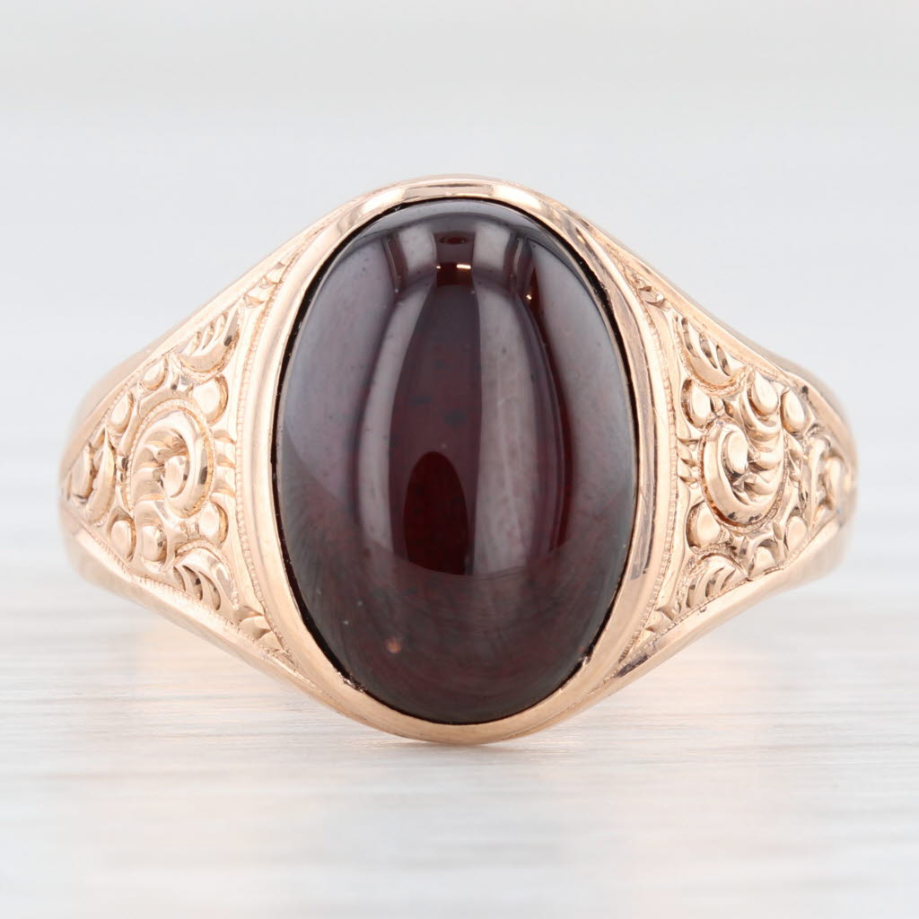 Antique 10k Rose Gold Garnet Ring - Hand Engraved Ornate Oval Cabochon Solitaire Jewelry for Women | Vintage Style Engagement, Wedding, Anniversary Gift