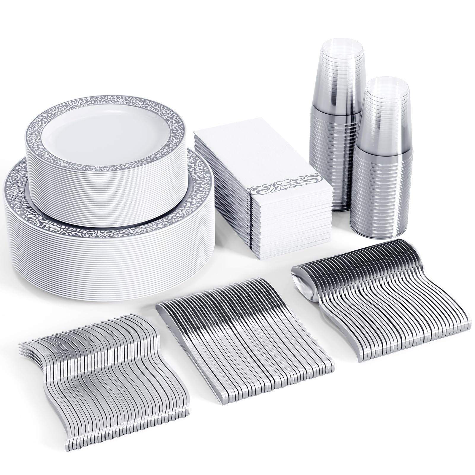 FOCUSLINE 350-Piece Silver Disposable Dinnerware Set for 50 Guests - Heavy Duty Plastic Plates, Cups, Napkins & Silverware - Elegant Silver Lace Design for Weddings, Parties & Events