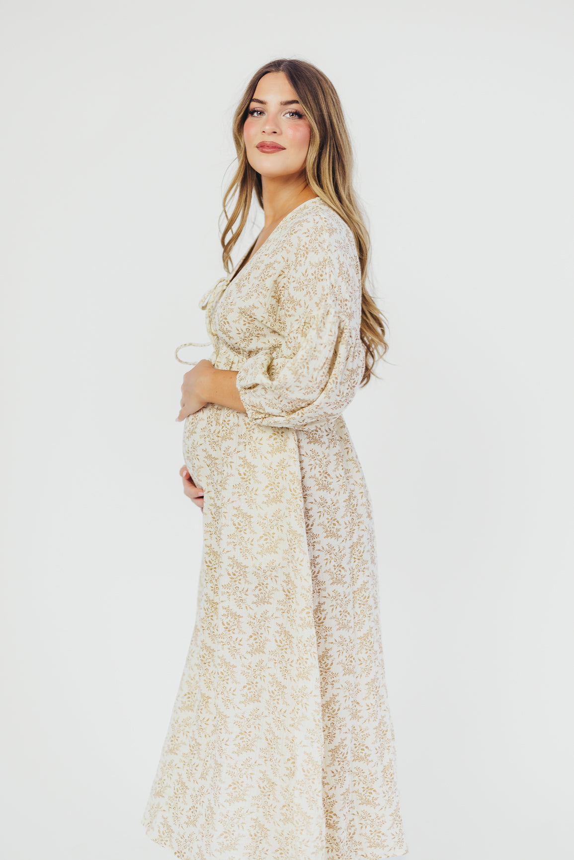 Hunter 100% Cotton Gauze Midi Dress - Breezy Floral Print in Natural/Tan | Bump Friendly & Inclusive Sizing | Perfect for Maternity Wear, Beach Vacations & Summer Outings
