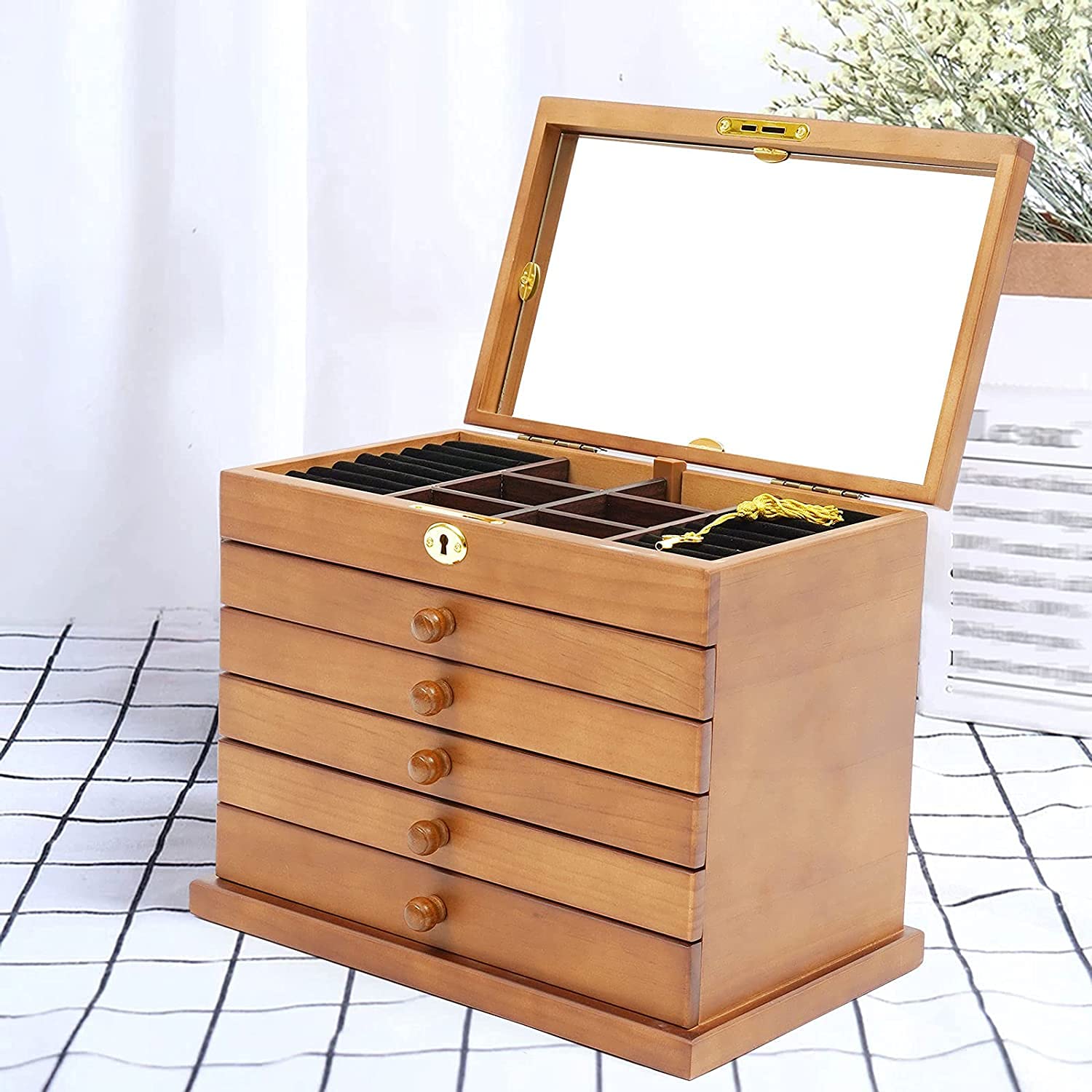 6-Layer Large Wooden Jewelry Box with Mirror & Lock - Jewelry Storage Organizer Case for Watches, Earrings, Rings, Necklaces & Bracelets - Perfect for Bedroom Vanity, Travel & Gift Giving (Brown)