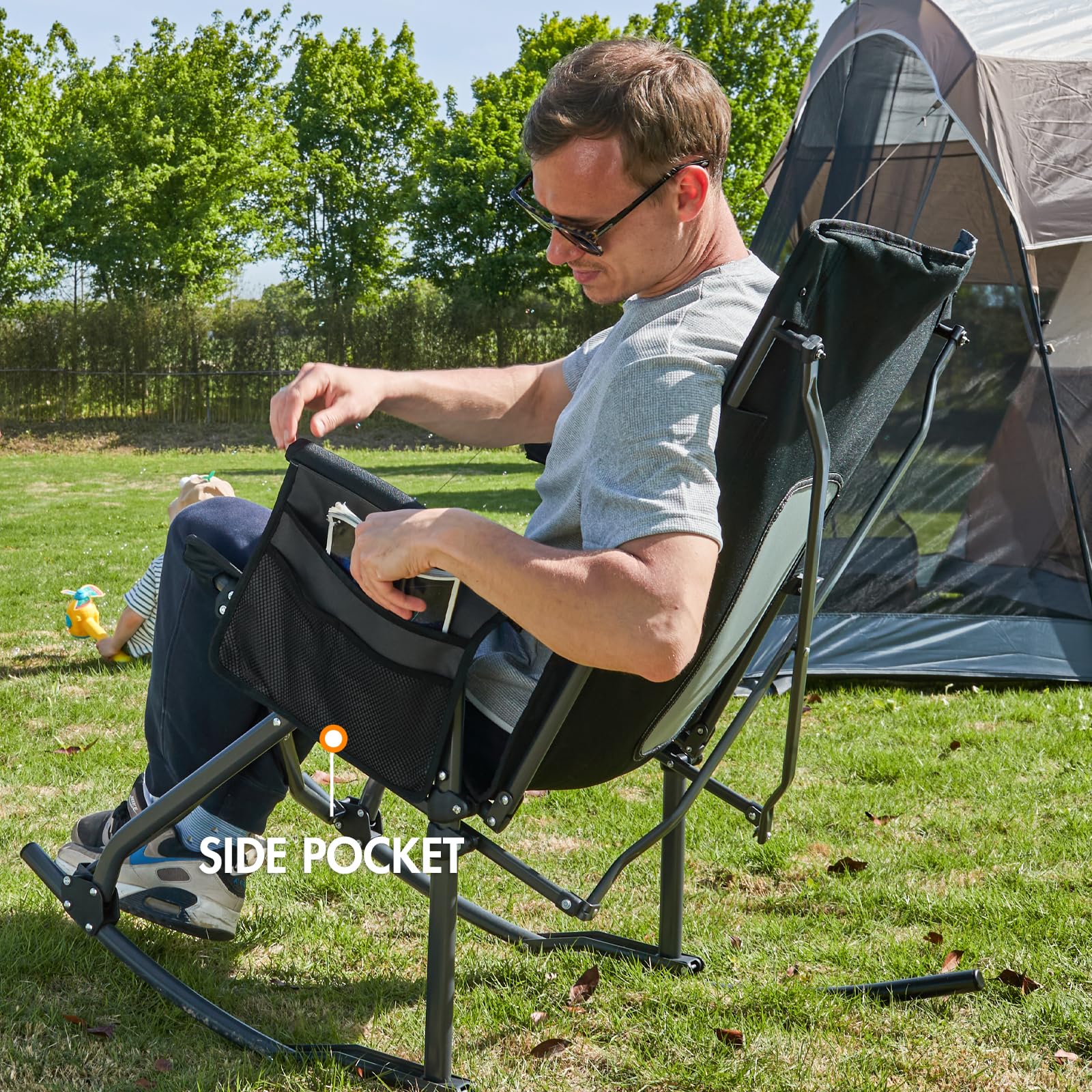 **PORTAL Oversized Folding Rocking Camping Chair - Portable Outdoor Rocker with High Back, Hard Armrests & Carry Bag - Supports 400 lbs, Breathable Mesh Back - Perfect for Camping, Beach, Backyard & Patio Relaxation**