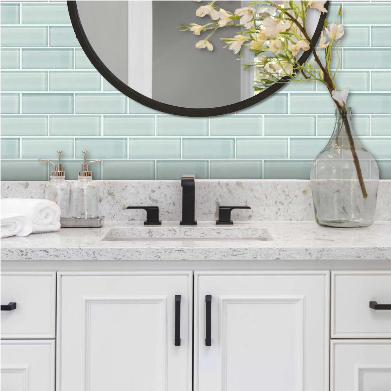 RoomMates TIL4964FLT Aqua Seaglass Peel and Stick Subway Tile - Self-Adhesive Waterproof Wall Stickers for Kitchen Backsplash, Bathroom, Laundry Room & Home Decor