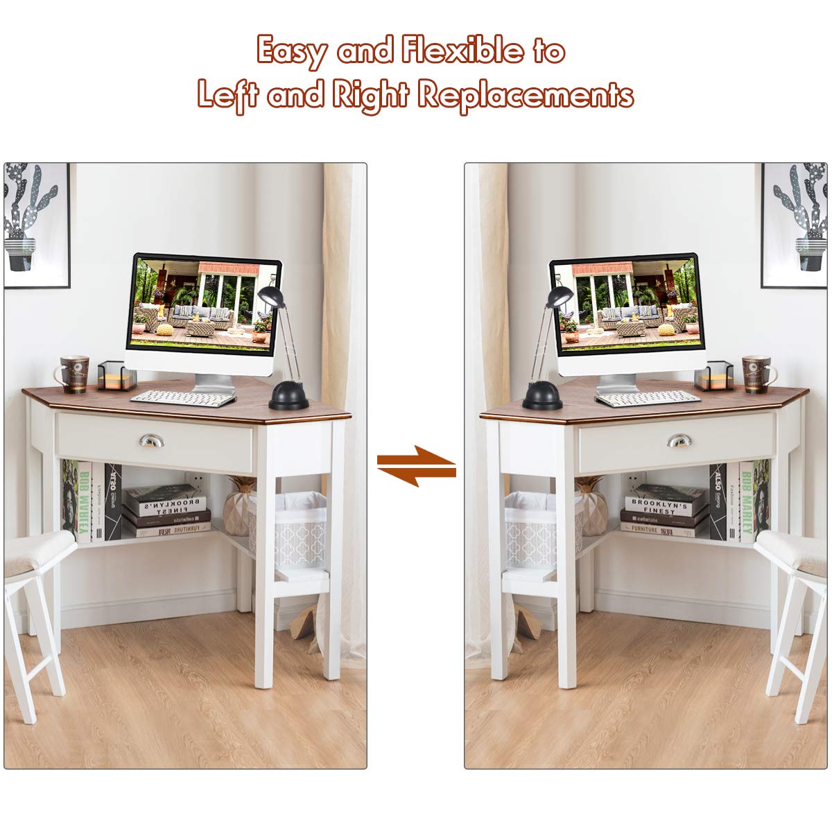 Tangkula 90-Degree Corner Desk with Drawer & Storage Shelves - Compact Computer Desk & Makeup Vanity for Small Spaces (Natural & White) - Perfect for Home Office, Dorm Room & Bedroom Workspace