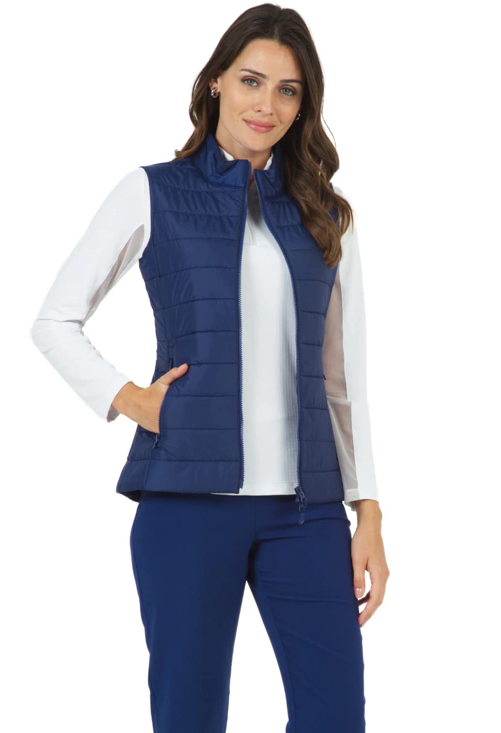 IBKUL Women's Lightweight Quilted Vest - Breathable Polartec Power Fill Insulation, 2-Way Stretch, Black Solid (34000) | Perfect for Running, Hiking & Outdoor Activities