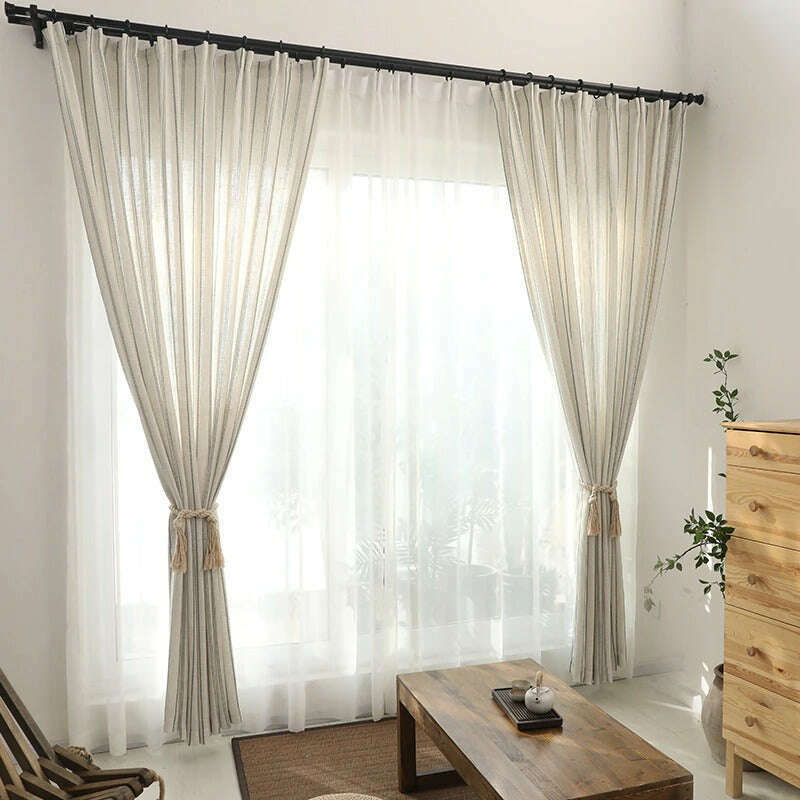 Annapolis Linen Stripe Semi-Sheer Beige Curtains - Light Filtering Window Treatment for Living Room & Bedroom