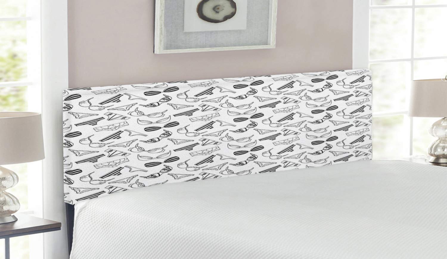 Ambesonne Black and White Queen Size Upholstered Headboard - Lingerie Pattern Bras & Panties Doodle Design, Decorative Metal Bed Frame with Memory Foam | Perfect for Bedroom Decor, Fashion-Themed Home Interior, and Unique Gift Ideas