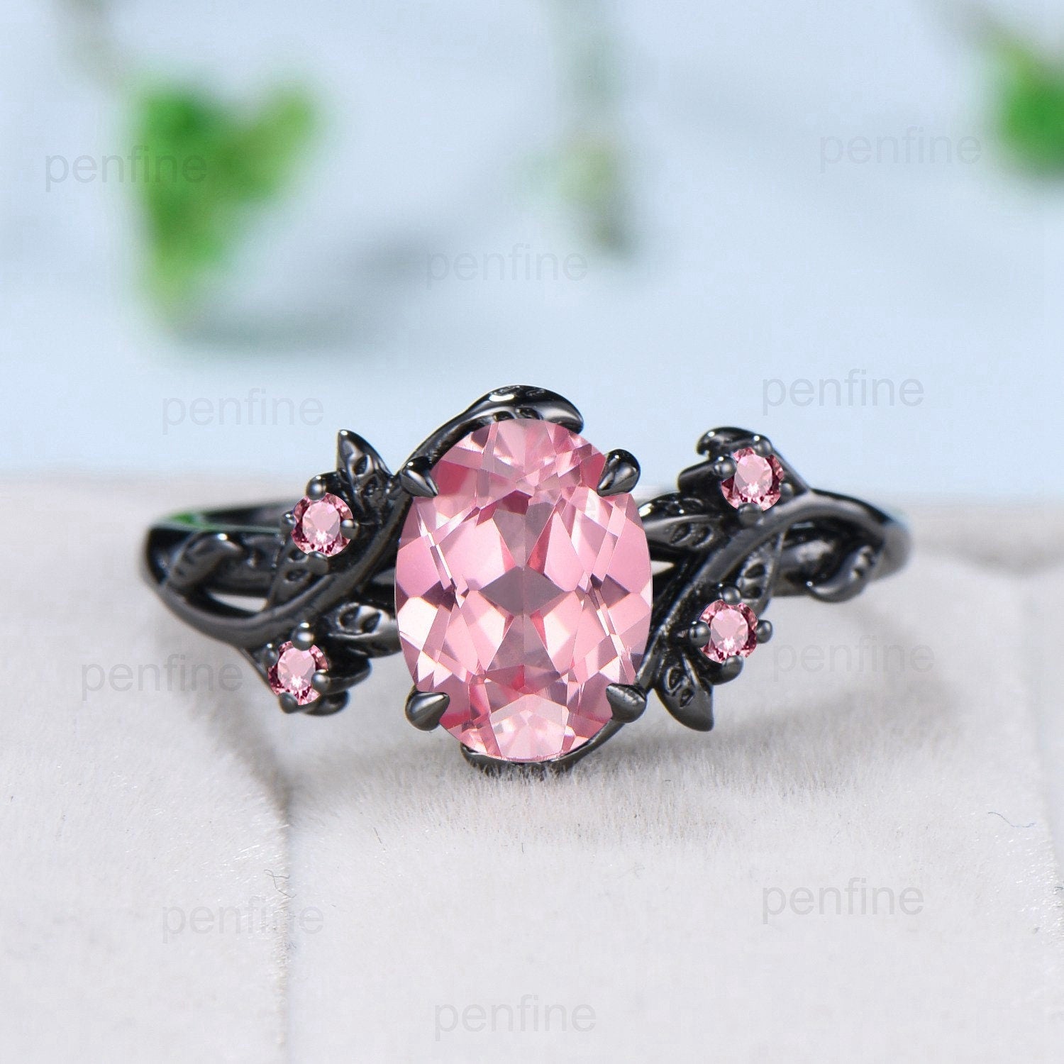 Nature Inspired Leaf Padparadscha Sapphire Ring Set - Black Gold Branch Twig with Pink Tourmaline - Unique Women's Engagement & Wedding Ring Set - Perfect for Nature Lovers, Romantic Proposals & Special Occasions