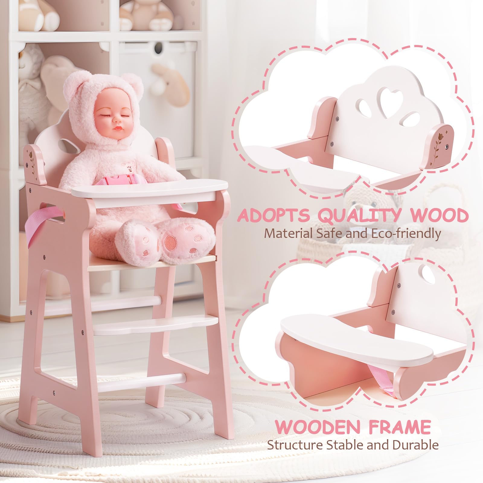 ROBOTIME Wooden Baby Doll High Chair with Safety Belt - Pretend Play for 18