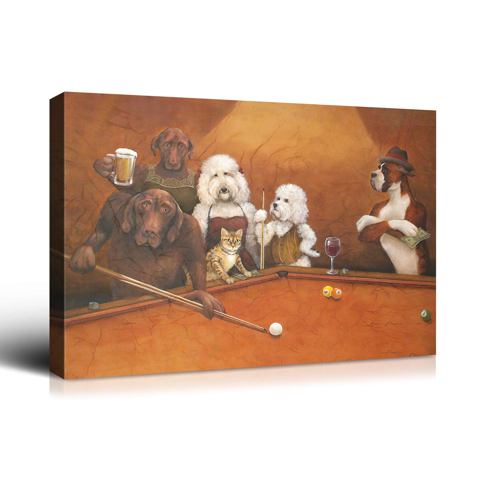 Denozer Dogs Playing Pool Oil Painting Reproduction - Cassius Marcellus Coolidge Billiards Art Giclee Canvas Print, 40x30 Inch Ready to Hang Wall Decor for Game Room, Man Cave or Entertainment Space
