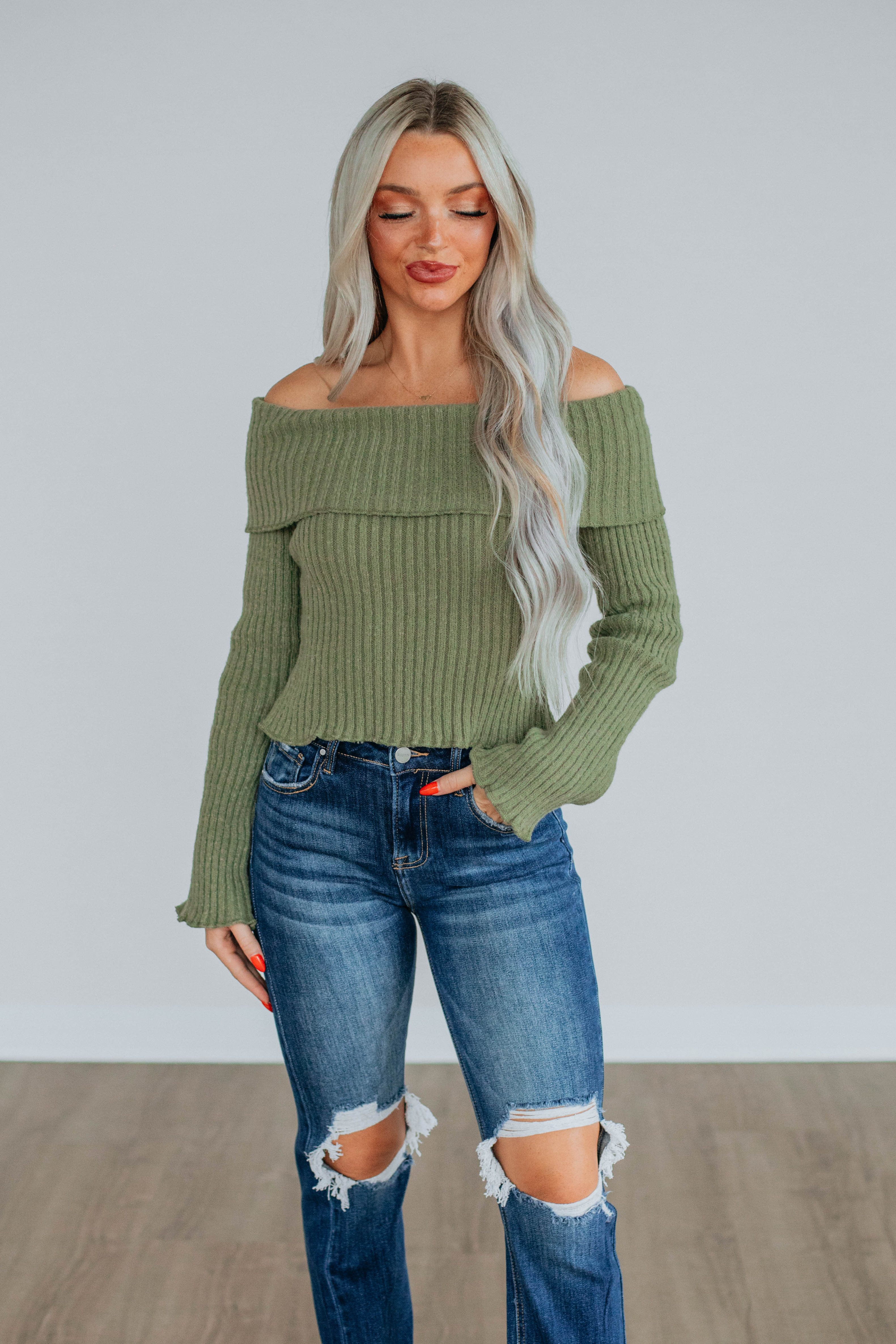 Elaine Off Shoulder Sweater for Women - Olive Green Knit Pullover | Casual Fall & Winter Fashion | Perfect for Dates, Parties & Cozy Nights