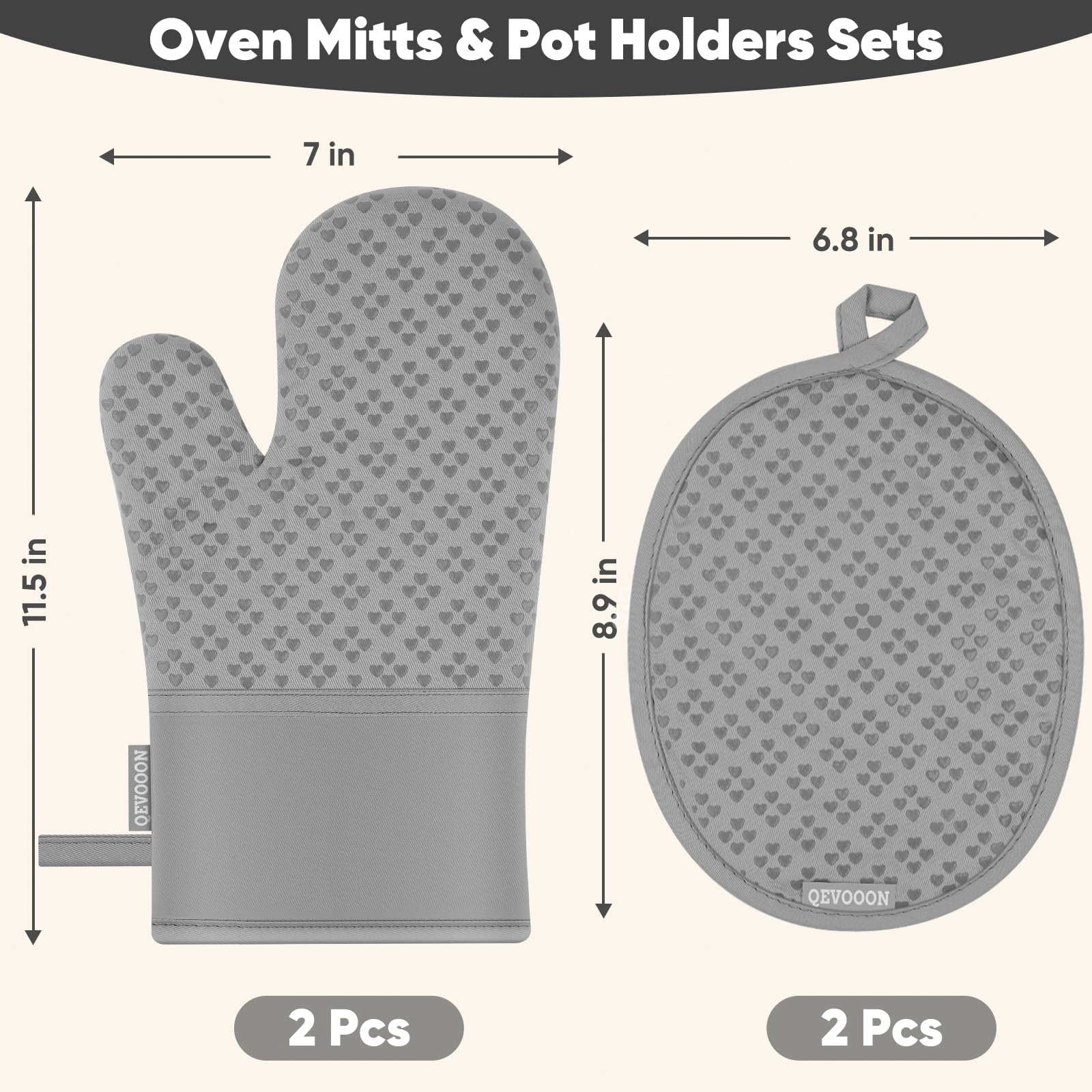 Heat Resistant Oven Mitts and Pot Holders Set of 4 - 500℉ Protection with Non-Slip Silicone Surface - Kitchen Essentials for Cooking, Baking, BBQ & Grilling - Perfect for Holiday Baking, Camping & Outdoor Cooking (Grey)
