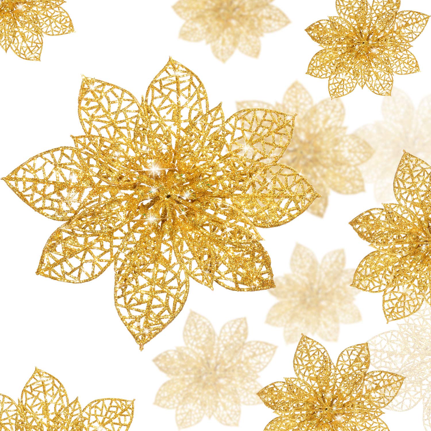 36-Piece WILLBOND Christmas Glitter Poinsettia Flowers - 3 Sizes Faux Floral Decor for Wedding, Christmas Tree, New Year Home & Outdoor Decorations (Gold) | Perfect for Holiday Centerpieces, Wreaths, and Table Arrangements