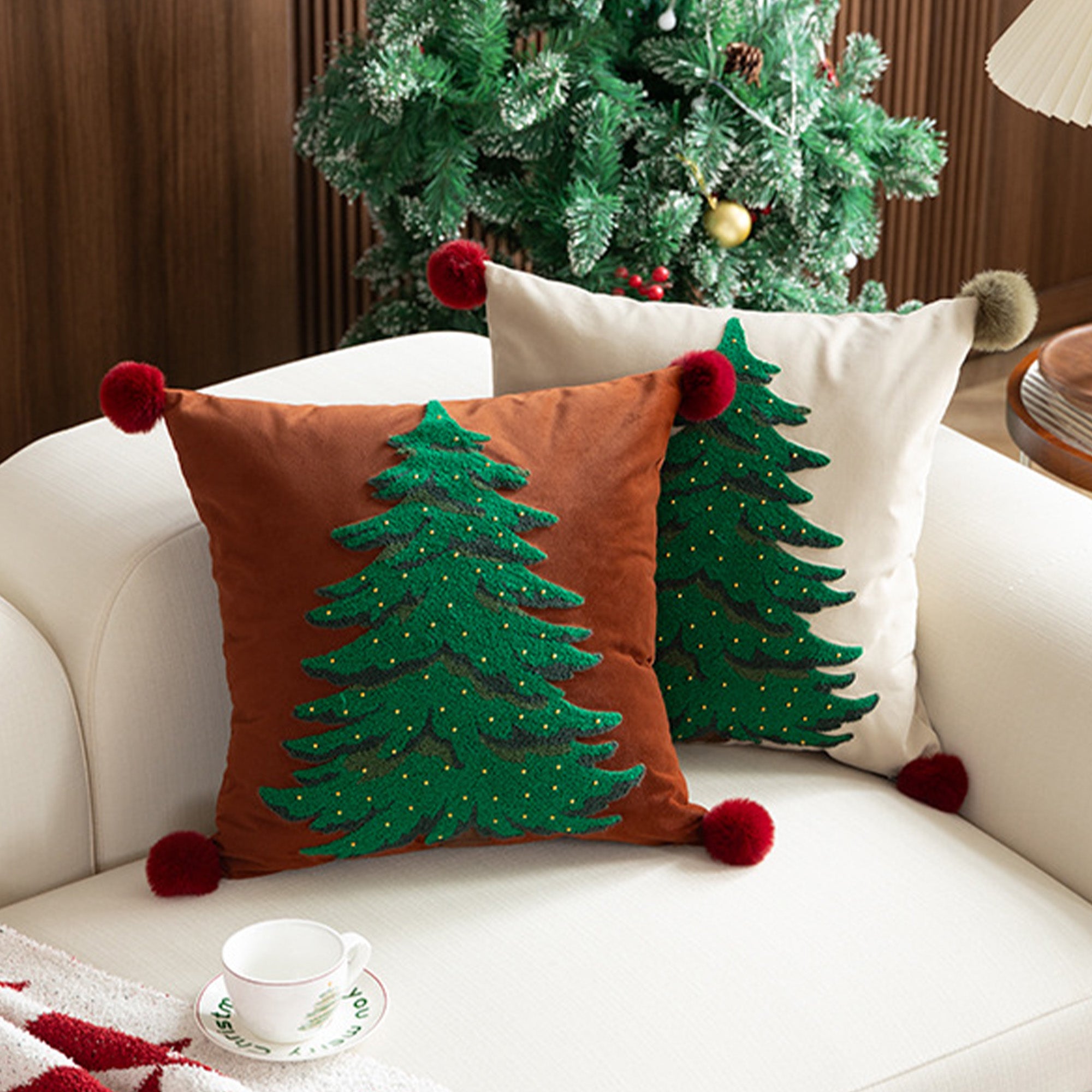 Classic Christmas Tree Throw Pillow Set - Embroidered Holiday Decor with Pom Pom Trim - Perfect for Sofa, Bed & Festive Home Decor