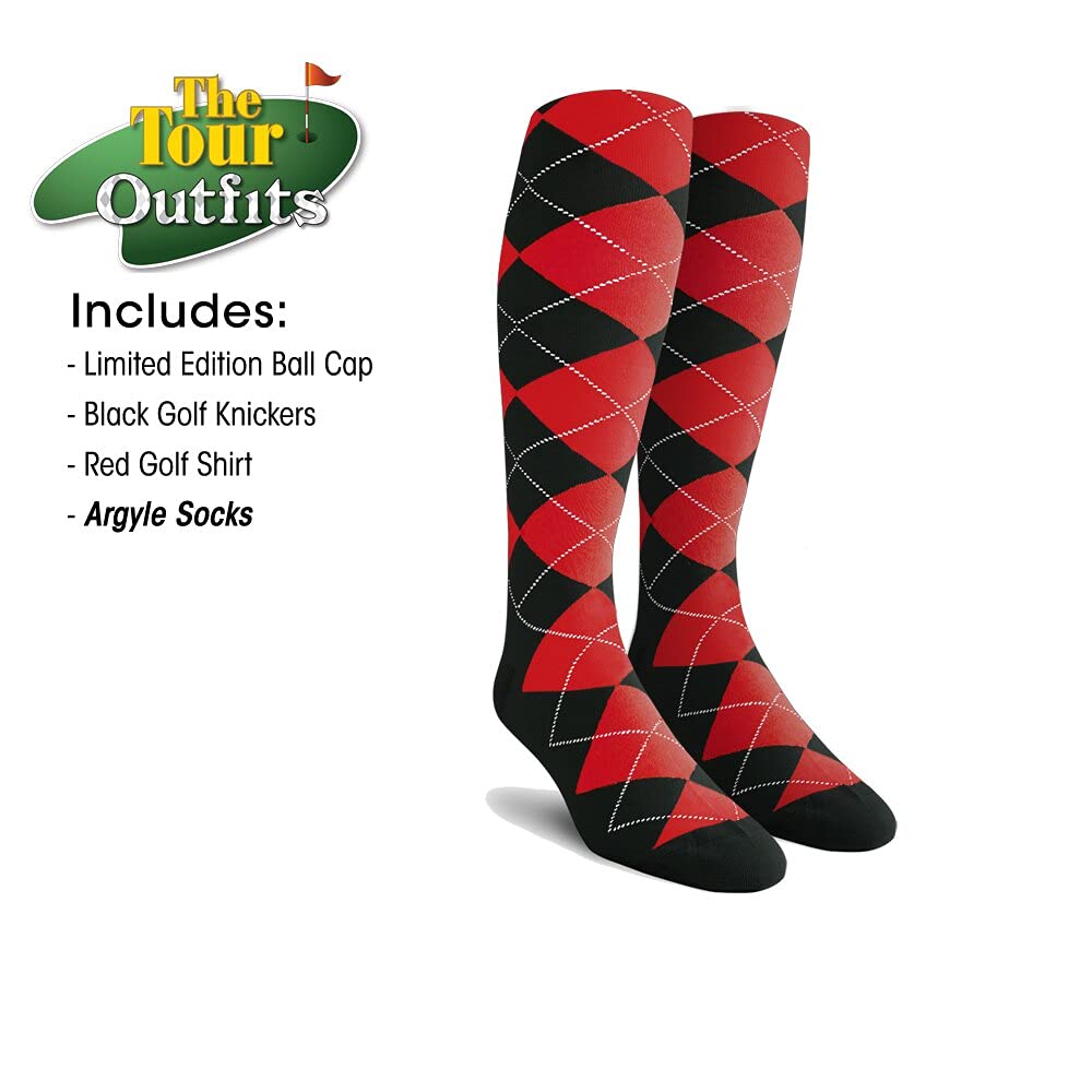 **Men's Black Microfiber Golf Outfit Set - Limited Edition Ball Cap, Over-The-Calf Argyle Socks & Red Polo Shirt - Perfect for Golfing, Casual Wear & Sports Events**