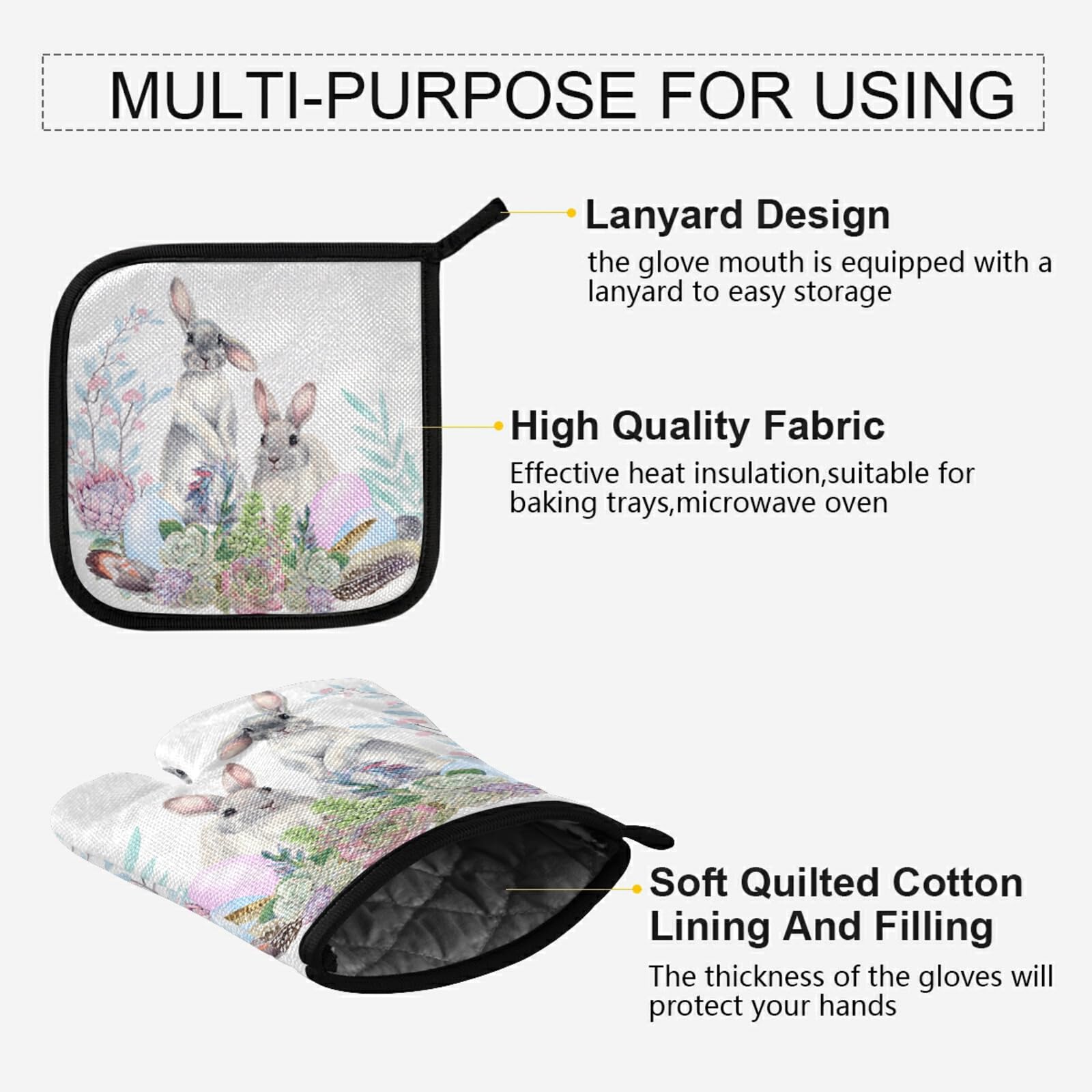 Aflyko Easter Spring Oven Mitt and Pot Holder Set - Bunny Succulent Corn Easter Egg Design, Heat Resistant Kitchen Gloves for Baking, Grilling, BBQ - Perfect Holiday Gift for Home Cooks & Party Hosts (Great for Easter Celebrations, Spring Gatherings & Festive Cooking)