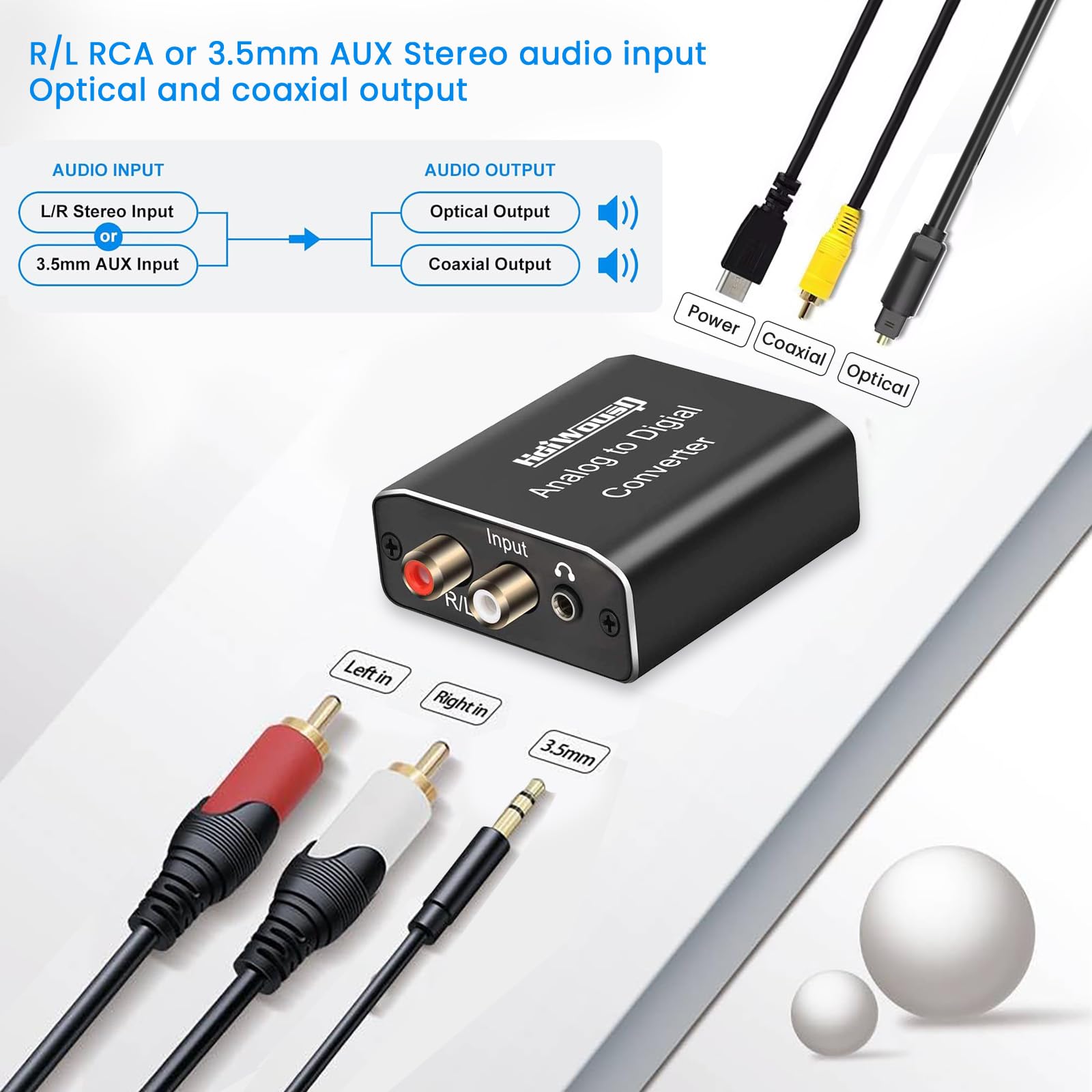 HDMIWOUSP Analog to Digital Audio Converter - RCA/3.5mm to Coaxial/Optical SPDIF Adapter | Aluminum Build for PS4, Xbox, HDTV, DVD & Headphones | Perfect for Home Theater & Gaming Setups
