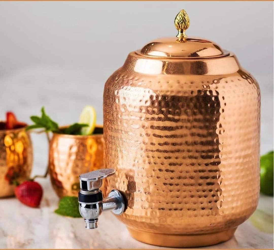 5L Hammered Copper Water Dispenser with Stand - Ayurvedic Matka Pot, Includes 300ml Copper Glass for Pure & Healthy Hydration - Perfect for Home, Office & Wellness Spaces