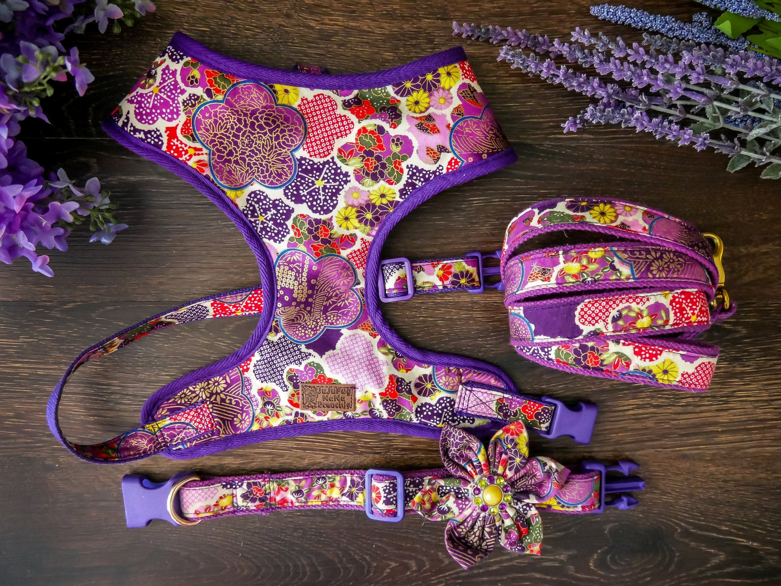 Japanese Kimono Floral Dog Harness Set - Adjustable Pet Vest with Leash for Small & Medium Dogs - Perfect for Walks, Training & Costume Parties