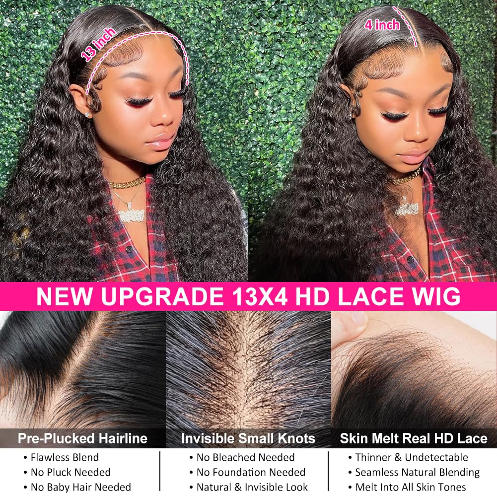 13x4 HD Transparent Lace Front Wigs Human Hair with Baby Hair & Bleached Knots - 180% Density Brazilian Deep Wave Human Hair Wigs for Black Women (24 Inch, Black) - Perfect for Daily Wear, Special Occasions & Protective Styling