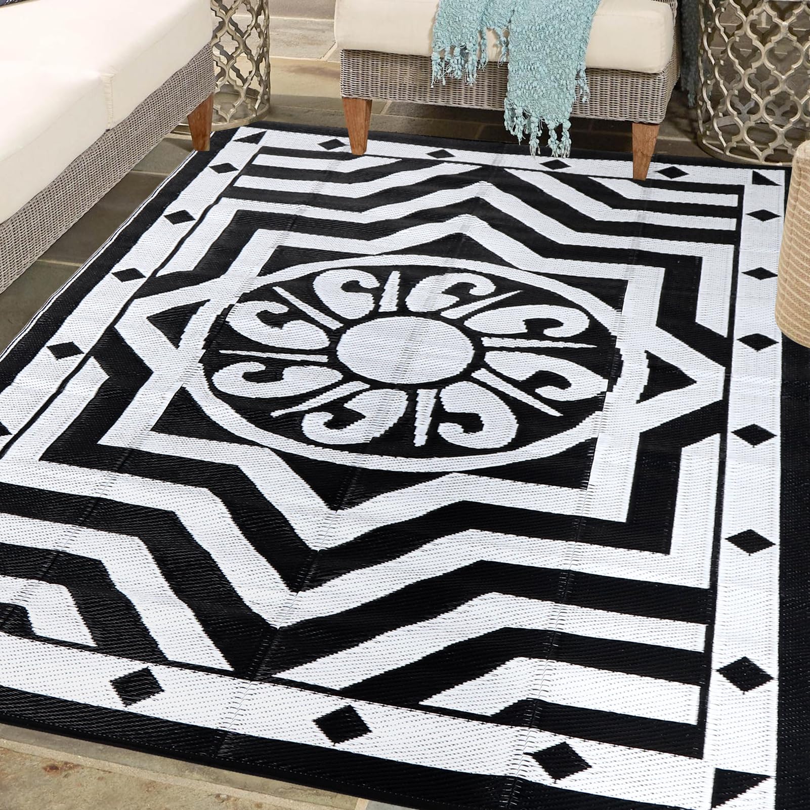 5'x8' Reversible Outdoor Rugs - Waterproof Plastic Straw Patio Mat for Indoor/Outside Use, RV, Deck, Picnic, Beach, Camping - Black & White | Perfect for Backyard, Poolside & Trailer Living
