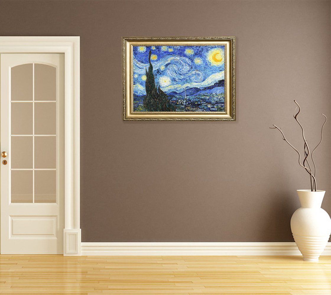 ELITEART Van Gogh Starry Night Oil Painting Reproduction - Giclee Canvas Wall Art Print, Framed Size 25 3/8