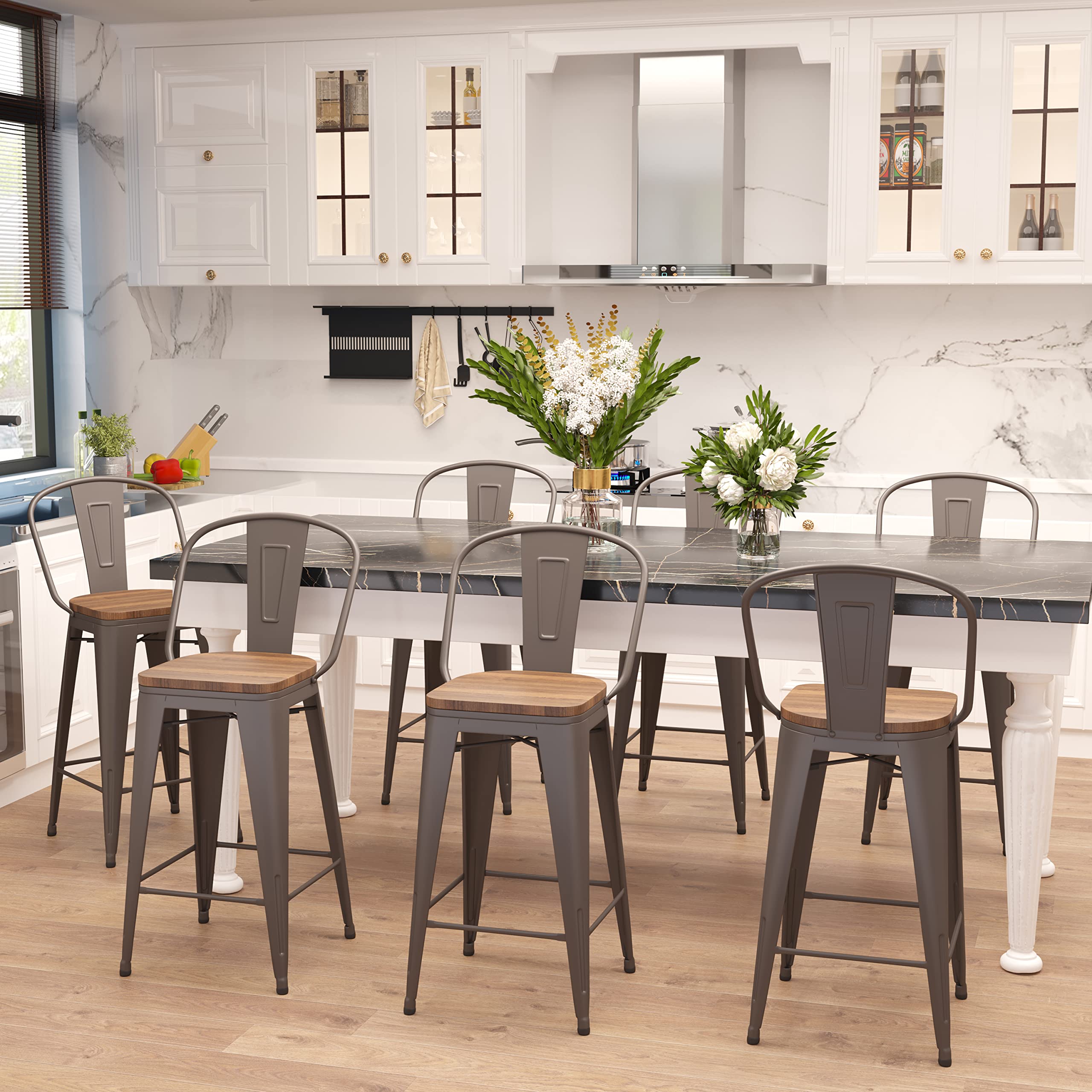 AKLAUS 30 Inch Metal Bar Stools Set of 4 - Rustic Farmhouse Bar Height Stools with Back Support & Wide Seat - Modern Kitchen & Dining Chairs for Home, Cafe, Restaurant & Bar Use