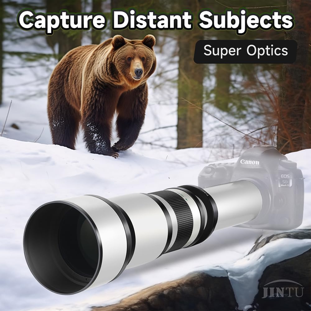 JINTU 650-1300mm f/8 Manual Telephoto Zoom Lens with T-Mount for Canon EOS DSLR Cameras - Rebel SL1/SL2, T3/T3i/T5/T5i/T6/T6i/T6s/T7/T7i, 4000D, 850D, 6D Mark II, 5D Mark IV, 90D, 80D, 77D - Perfect for Wildlife, Sports, and Long-Distance Photography