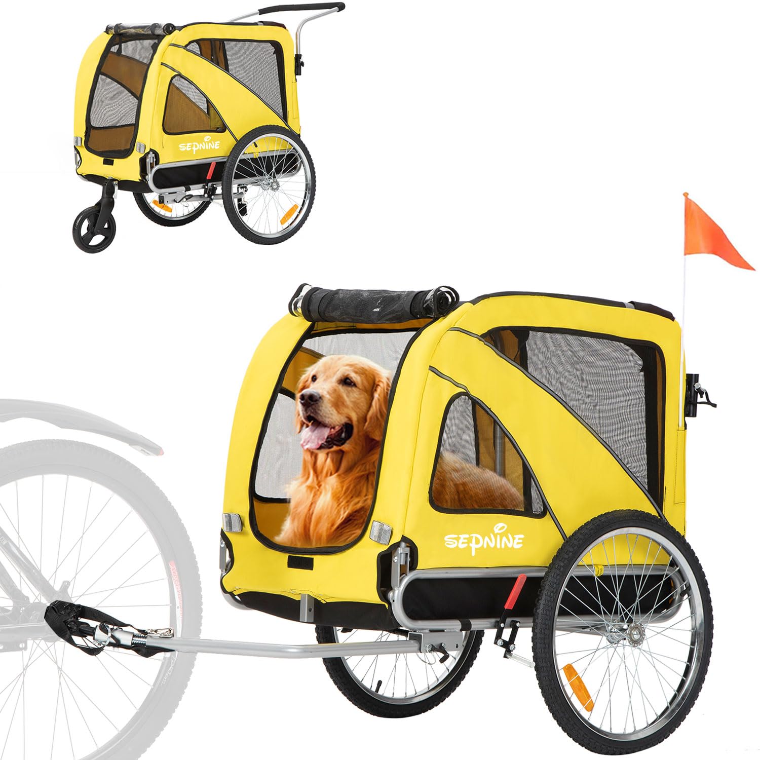 Sepnine 2-in-1 Large Dog Bike Trailer & Pet Stroller - Foldable Frame with Hand Lock Brakes, Universal Bicycle Coupler (Yellow) - Perfect for Cycling Adventures & Outdoor Walks with Your Dog