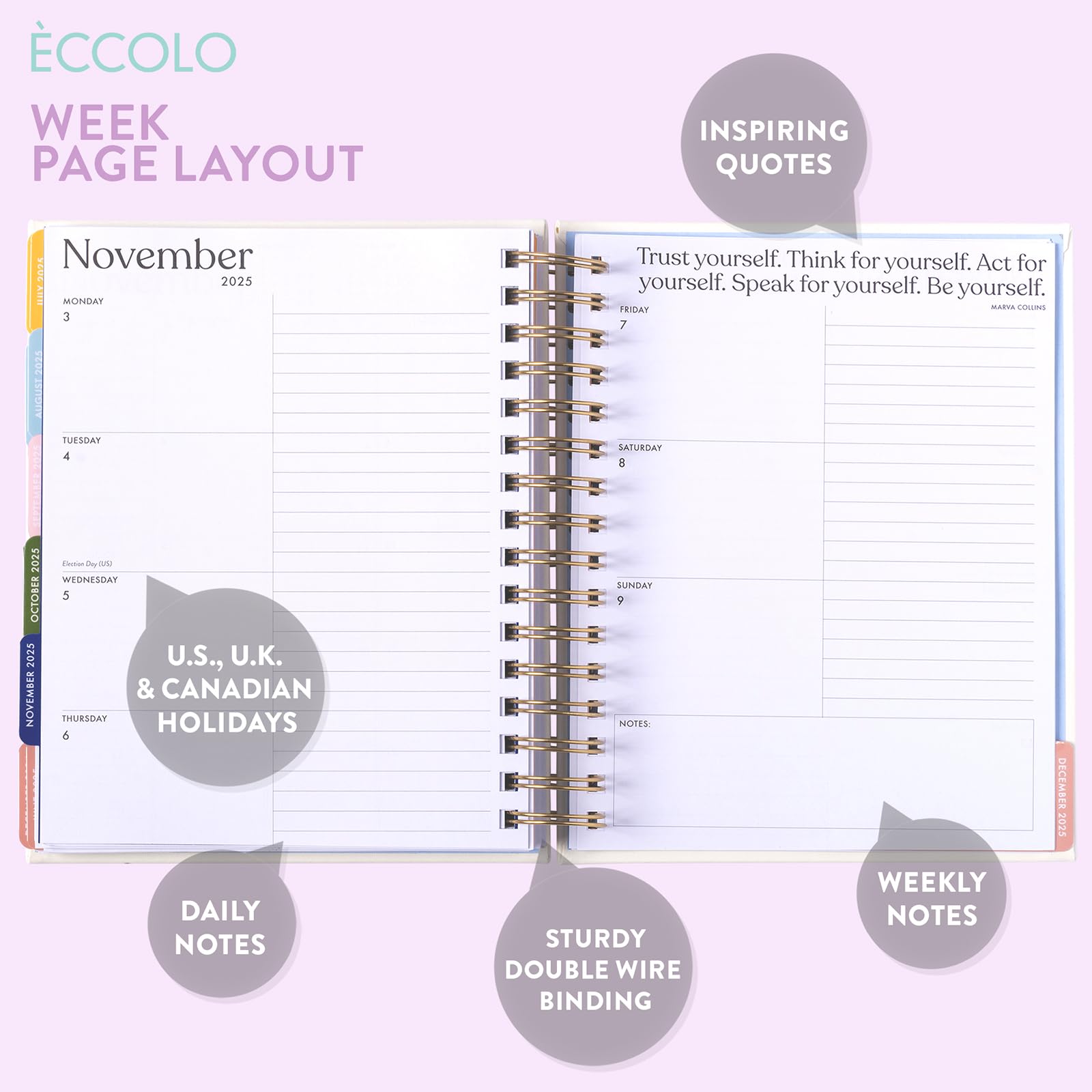 Eccolo Spiral Agenda Planner 2024-2025 - 18 Month Weekly & Monthly Planner with Stickers, Color Graphics & Inspirational Quotes | Bumble Bee Design | 7.75