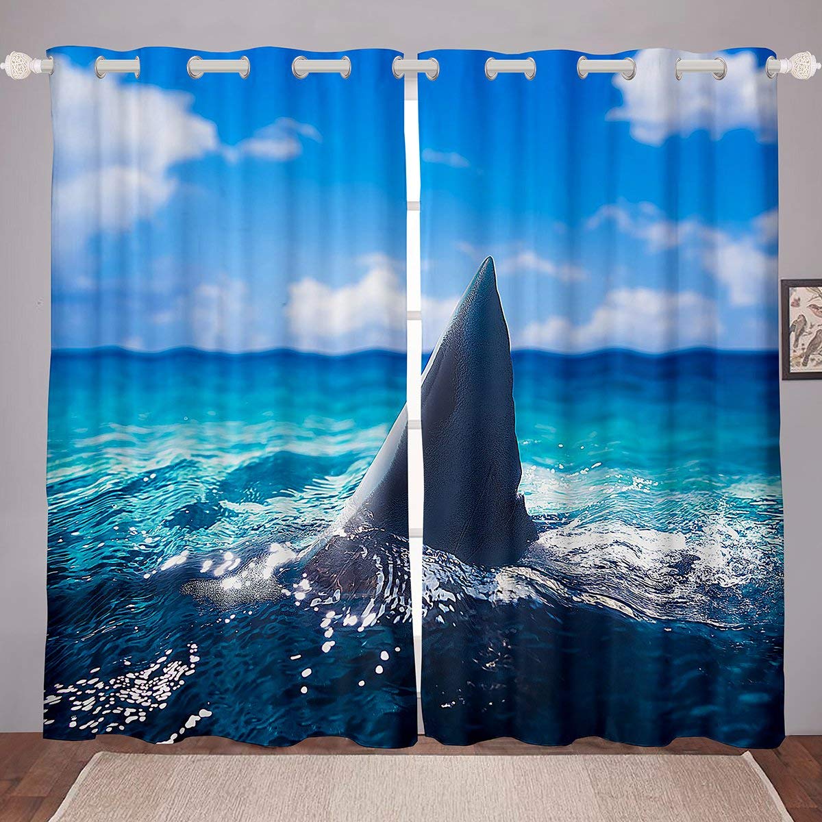 **Feelyou Ocean Shark Curtains - 42x84 Inch Blue Sea Shark & Whale Window Drapes for Kids Bedroom, Living Room - Underwater Animal Decor for Boys & Girls - Perfect for Beach, Nautical, or Ocean-Themed Room Decor**
