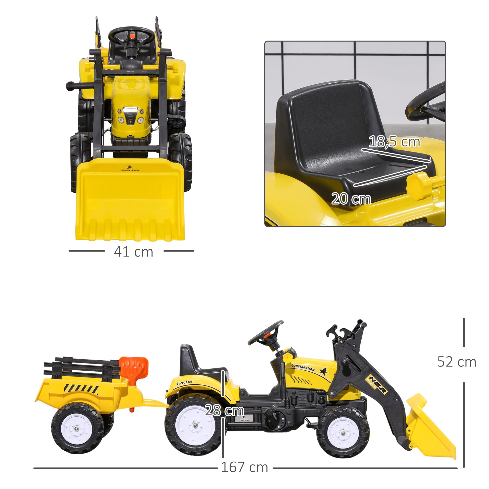 HOMCOM Kids Pedal Tractor Toy for 3 Year Old Boys & Girls - Yellow Ride-On Excavator with Detachable Trailer & Front Loader, 35kg Capacity (167x41x52cm) - Perfect for Outdoor Play, Birthday Gifts & Backyard Fun