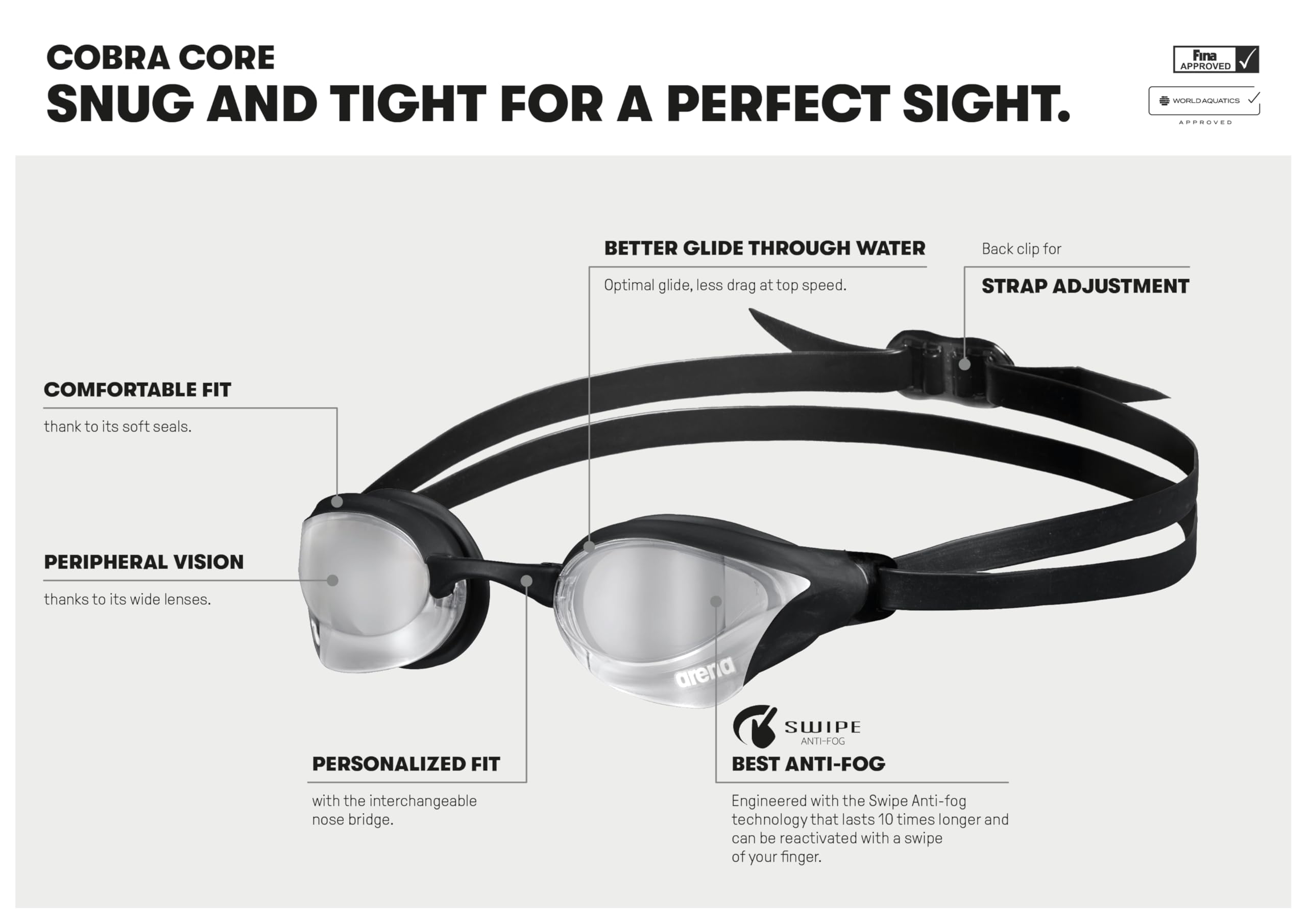 **Arena Unisex Cobra Core Swipe Anti-Fog Racing Swim Goggles – Polycarbonate Mirror/Non-Mirror Lens for Men & Women – Perfect for Competitive Swimming, Training & Open Water**