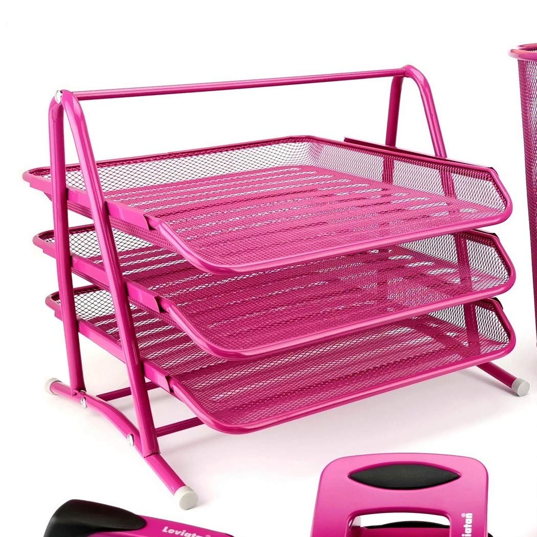 Leviatan Metal Storage Compartments - Office Desk Organizer with Document Drawers & A4 Trays | Mesh Organizer System for Office Drawer Organization (Pink) | Perfect for Home Office, School Desk & Workspace Organization