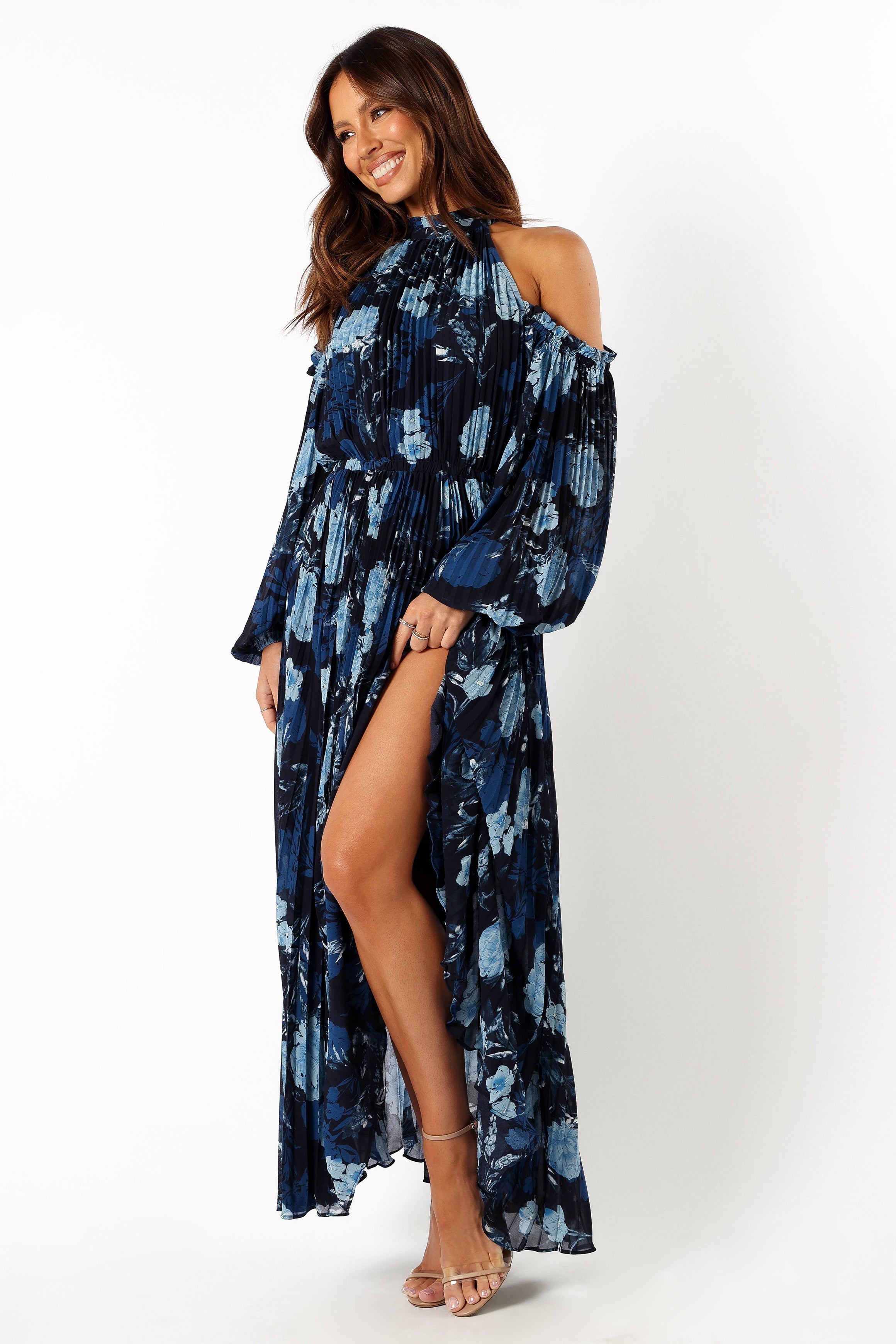 Hilary Pleated Maxi Dress - Blue Floral Print Women's Summer Dress for Beach Vacation, Wedding & Party | Elegant Flowy Long Dress with Side Slit