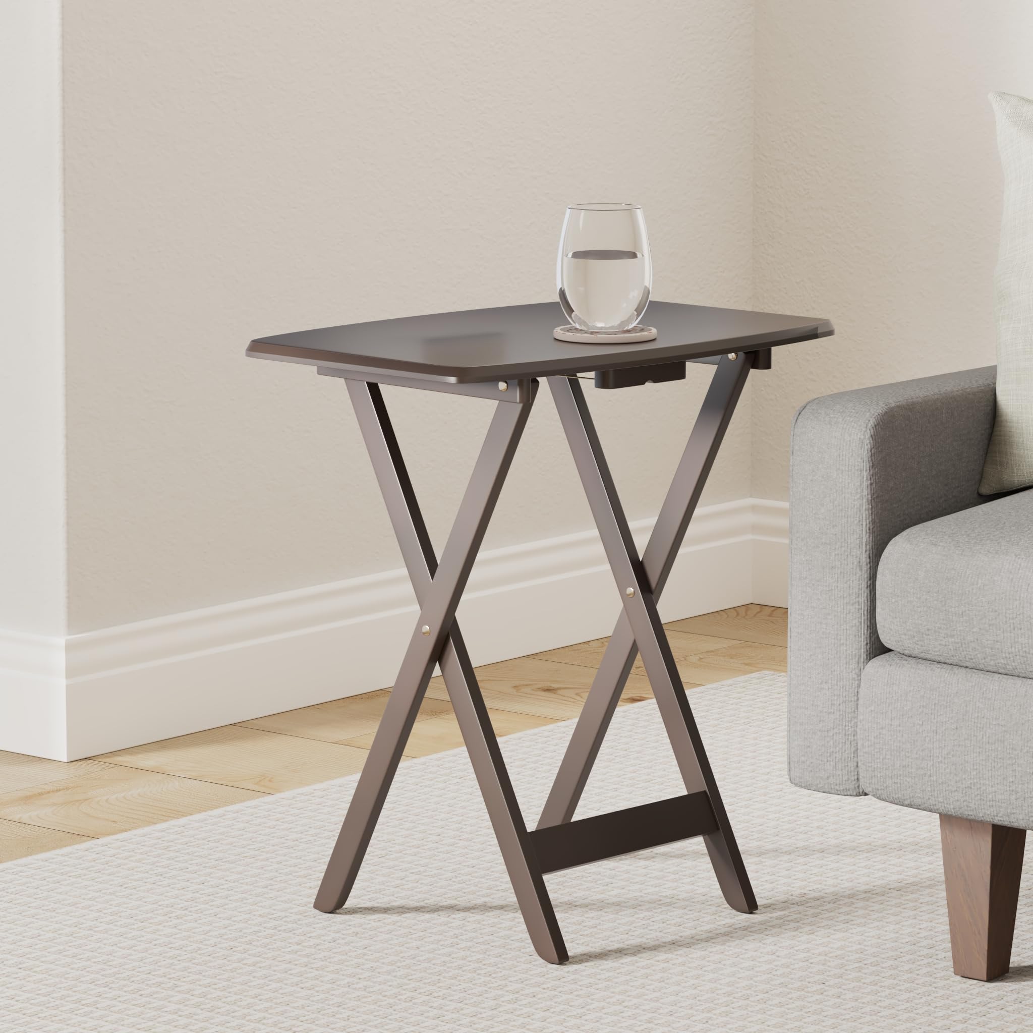 Ergode Wood Dylan 5-Piece Folding Snack Table Set - Sturdy X-Frame Base with Upright Stand, Easy Assembly, Espresso Finish - Perfect for Living Room, Patio, Parties & Small Space Entertaining