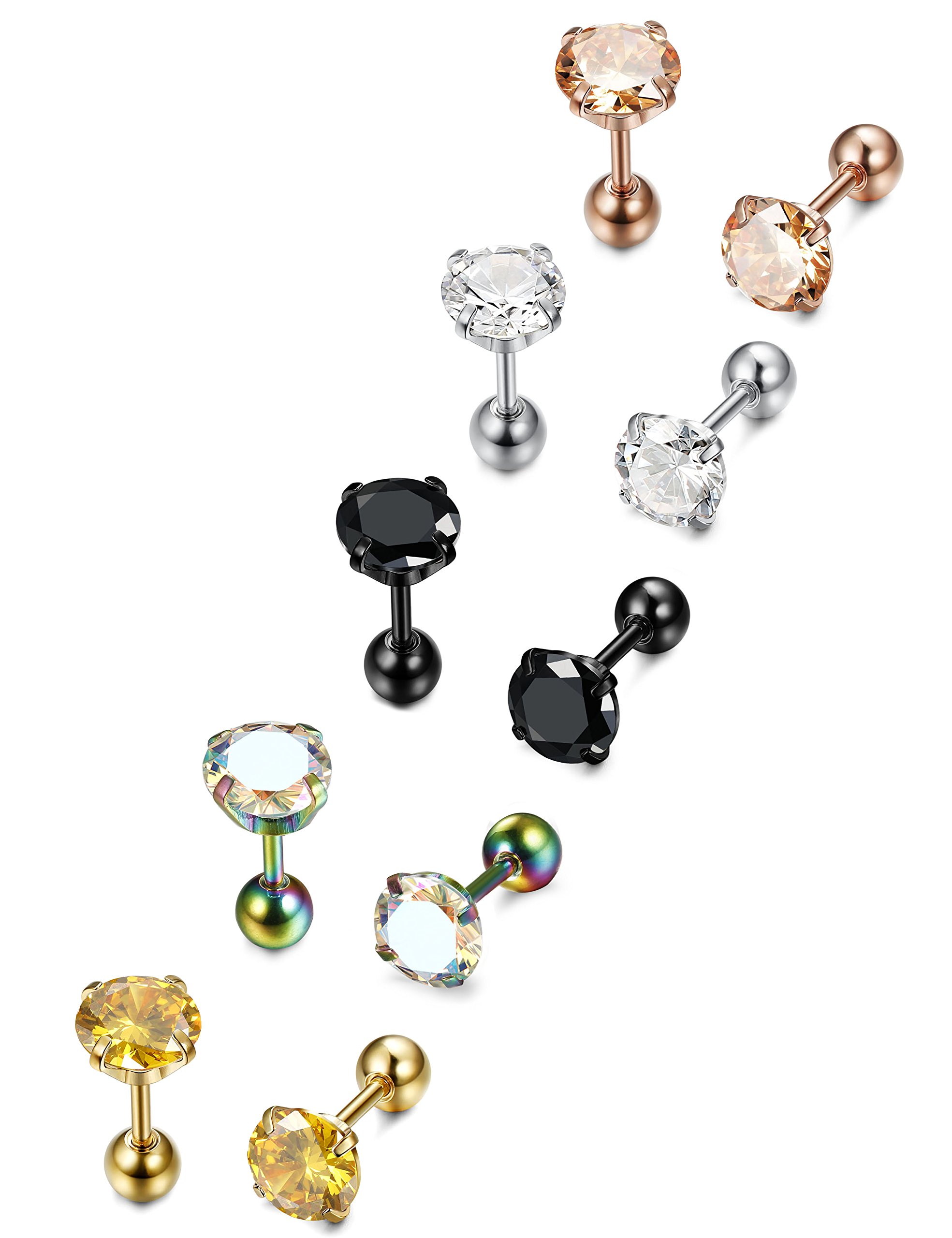 LOYALLOOK 5 Pairs Stainless Steel Cubic Zirconia Stud Earrings for Women - Hypoallergenic, 4-8mm, 5 Color Options - Perfect for Everyday Wear, Parties & Gift Giving