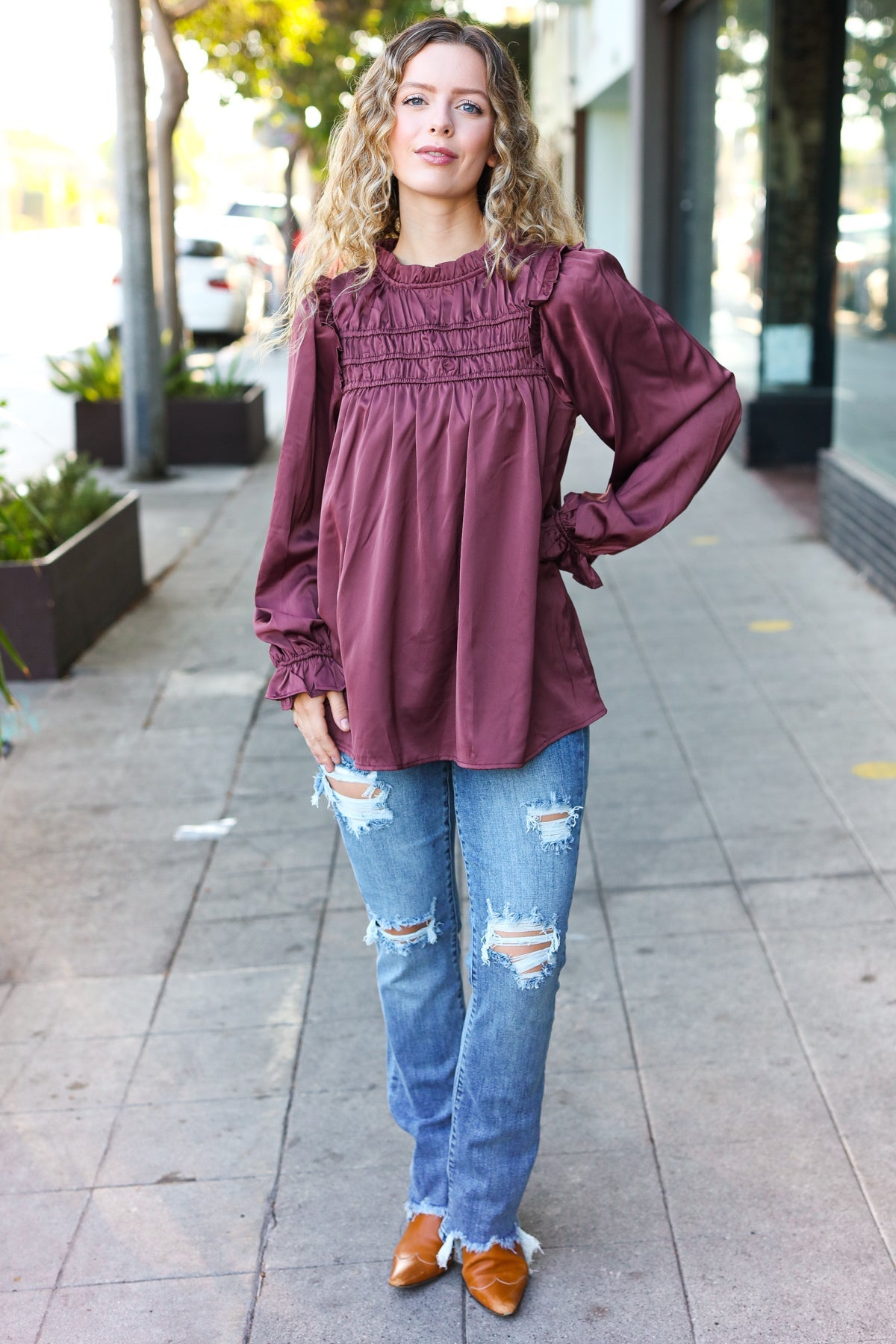Stylish Wine Satin Shirred Yoke Frilled Mock Neck Top for Women | Elegant Blouse for Date Night, Parties & Special Occasions