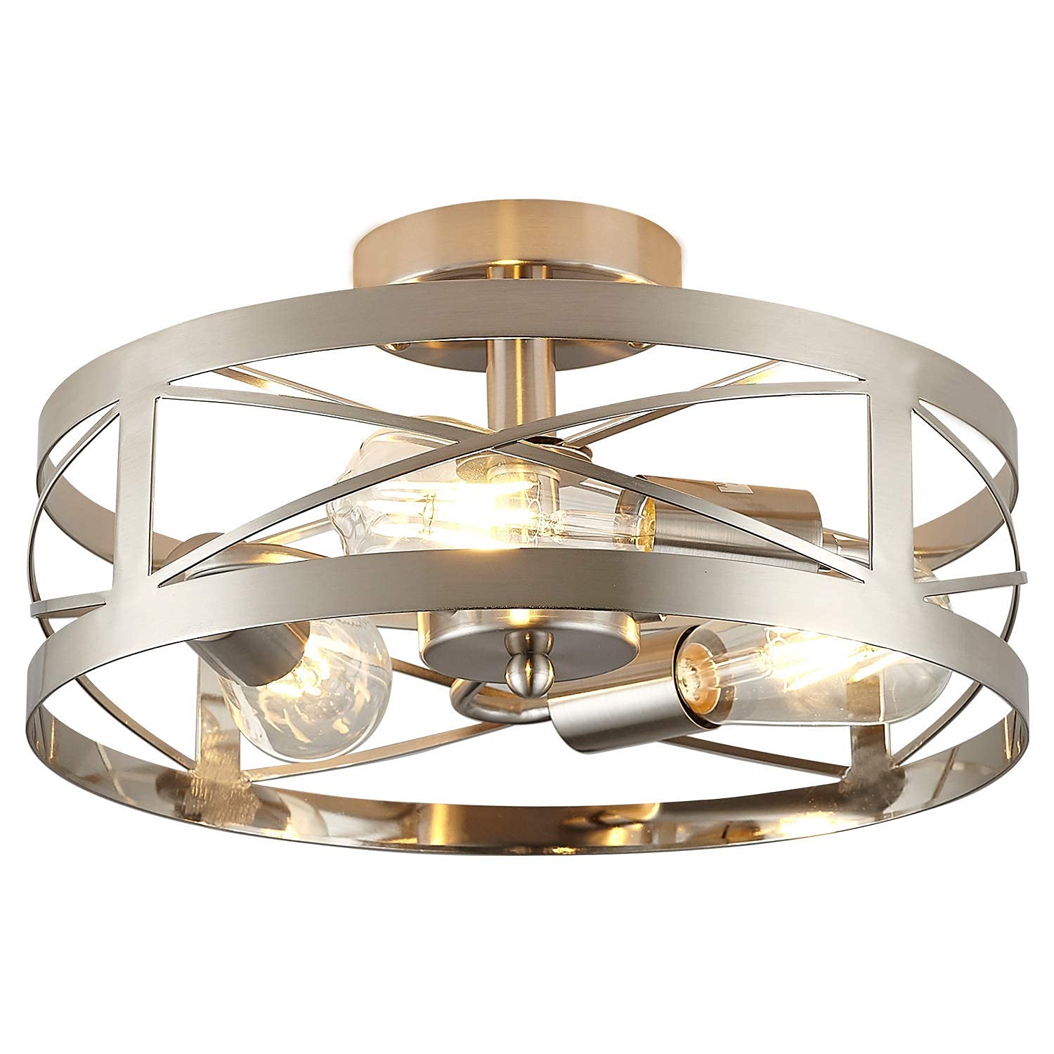 Modern 3-Light Semi Flush Mount Ceiling Light Set with Clear Glass Cylindrical Pendant Lights - Brushed Nickel Finish for Living Room, Bedroom & Dining Room Lighting