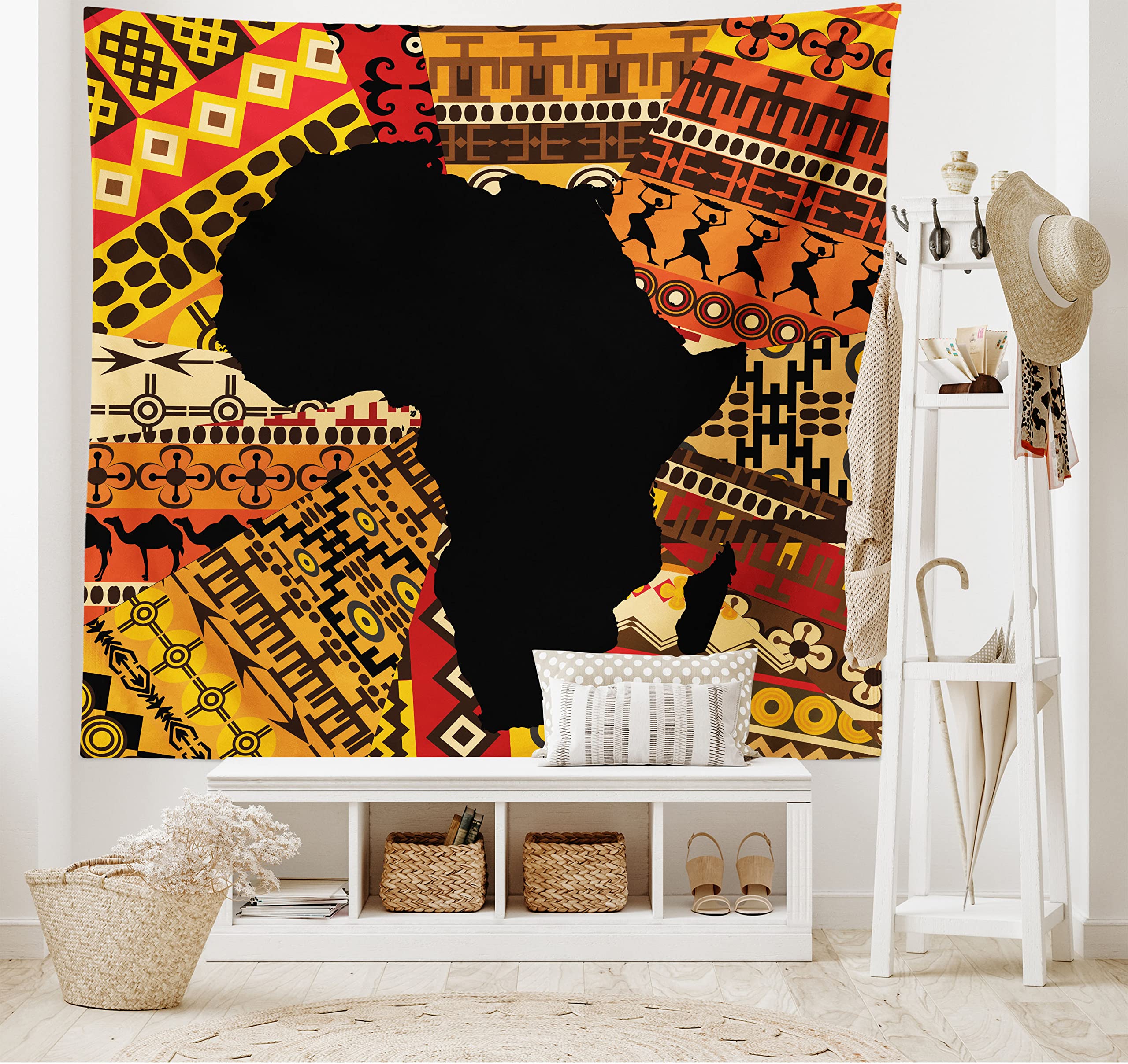Ambesonne African Tapestry Wall Art - Abstract Map Design on Carpet Background, 60x40 Inch Large Wall Hanging Decor for Bedroom, Living Room, Dorm - Black and Orange - Perfect for Boho Chic Home Decor & Cultural Theme Parties