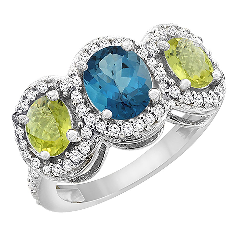10K White Gold Natural London Blue Topaz & Lemon Quartz 3-Stone Ring with Oval Diamond Accent - Sizes 5-10 | Elegant Engagement, Anniversary & Gift Jewelry for Women