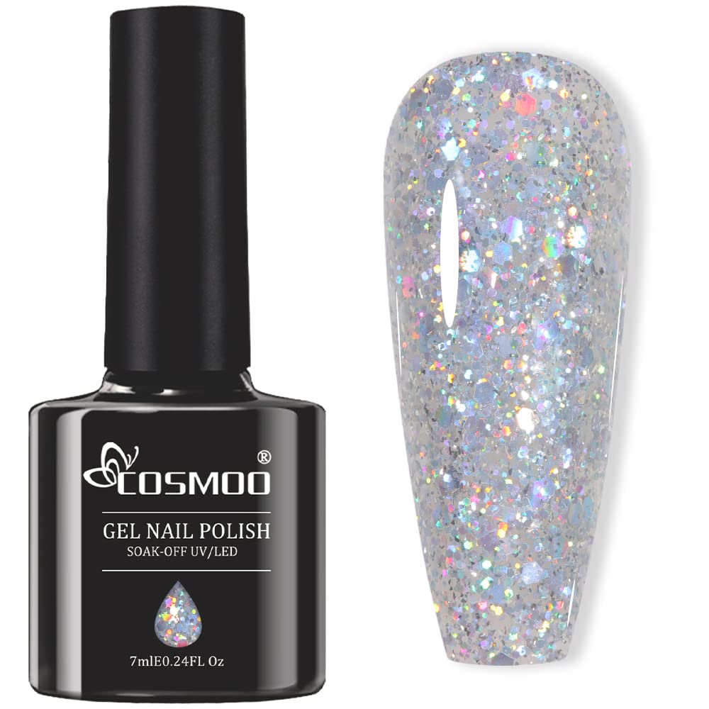 COSMOO Holographic Glitter Gel Nail Polish - Silver Diamond Pigments, Long Lasting Shine, Professional Salon Quality Gel Polish for Manicures & Nail Art - Perfect for Parties, Weddings & Special Occasions