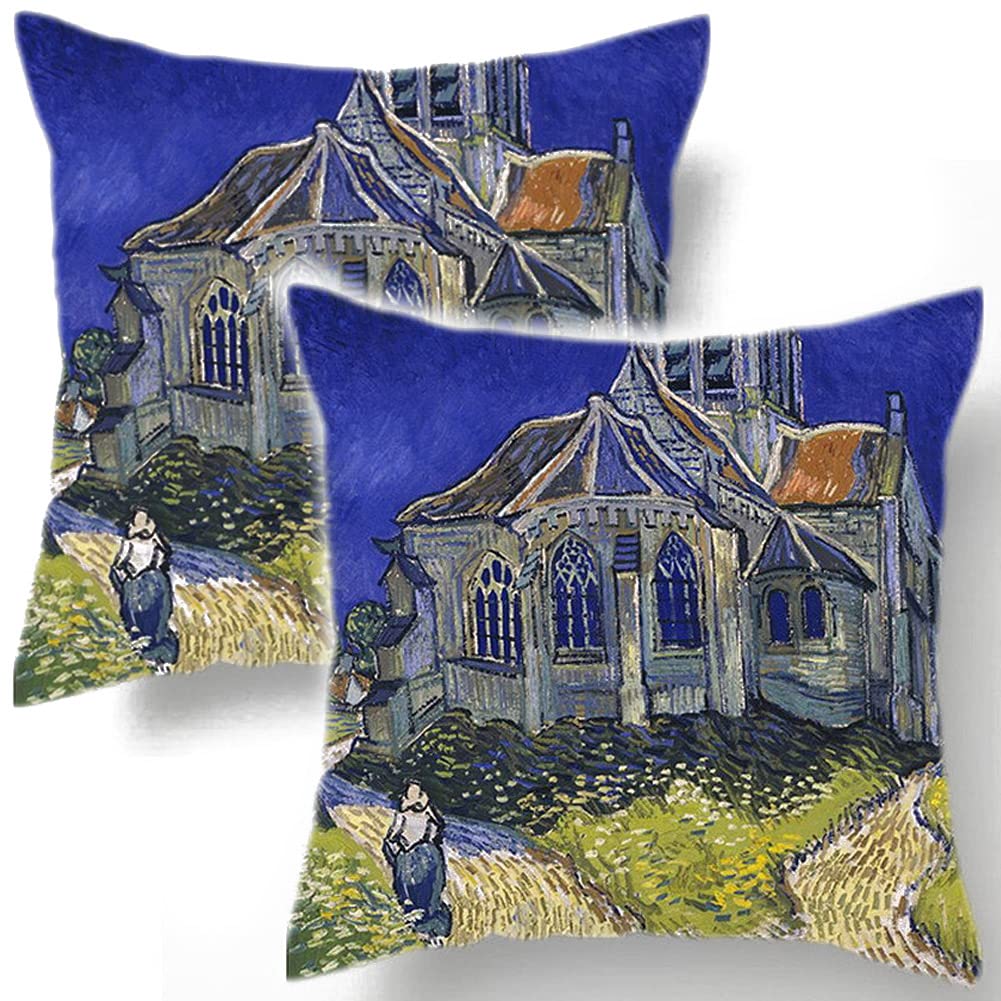 Van Gogh Oil Painting Throw Pillow Covers 18x18 Inch Set of 2 - Blue Square Decorative Couch Pillow Cases for Sofa, Bed, Living Room - Cotton Linen Blend - The Church at Auvers - Perfect for Home Decor, Office & Car Interior Styling