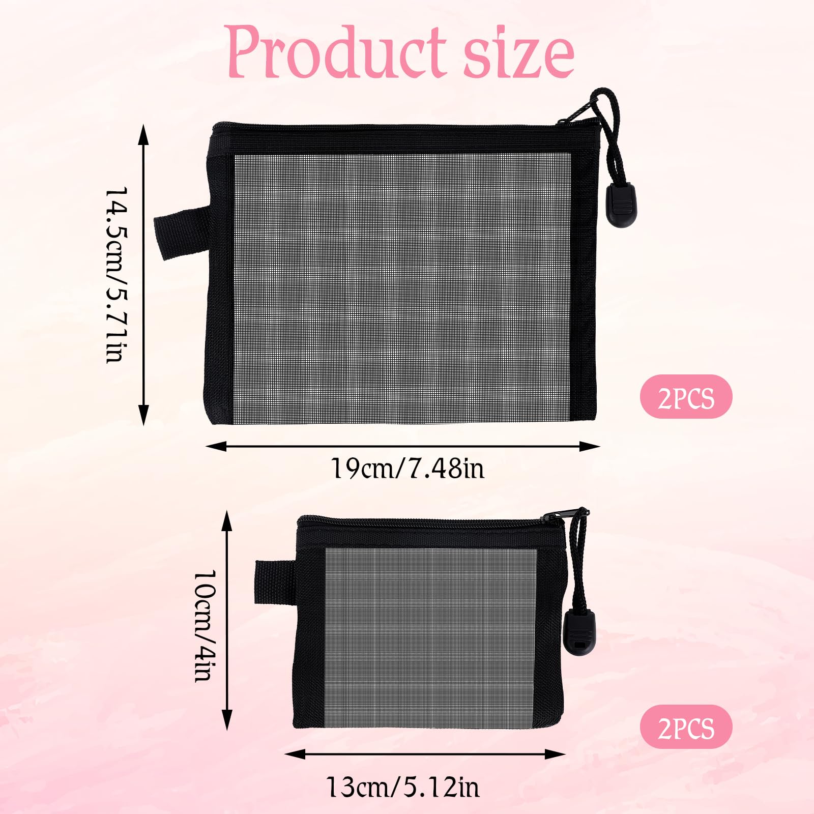 4 Pack Black Mesh Pencil Pouches with Zipper - Nylon Cosmetic & Makeup Bags, Toiletries Organizer for Diapers, Office Supplies, Travel Essentials - Perfect for Home, School, Work & Travel Organization