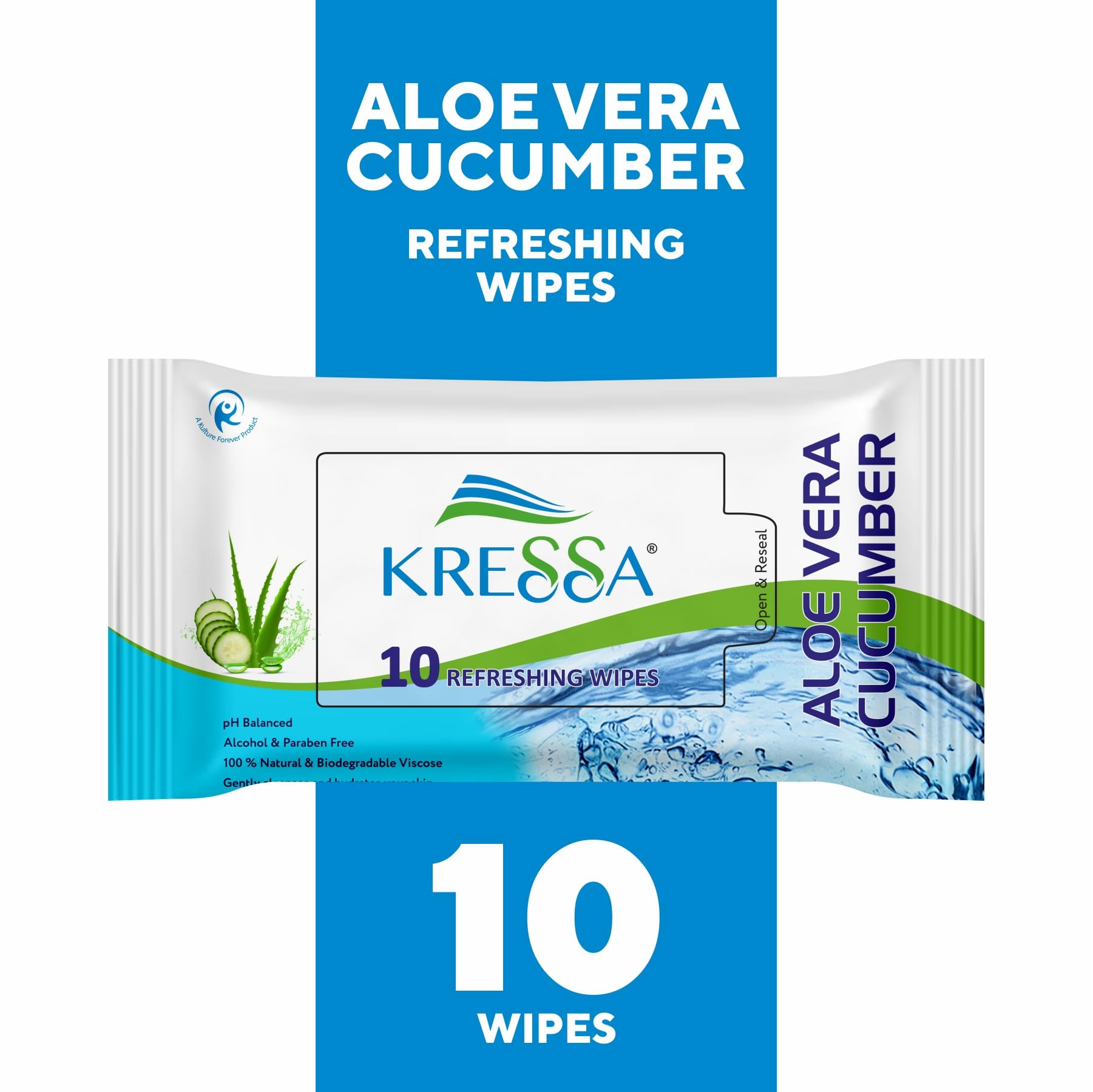 Kressa Aloe Vera & Cucumber Refreshing Facial Cleansing Wipes - Natural Viscose Fiber, Hydrating, Paraben & Alcohol Free (10 Pack) | Gentle Makeup Remover, Post-Workout Refresh, Travel Skincare Essential