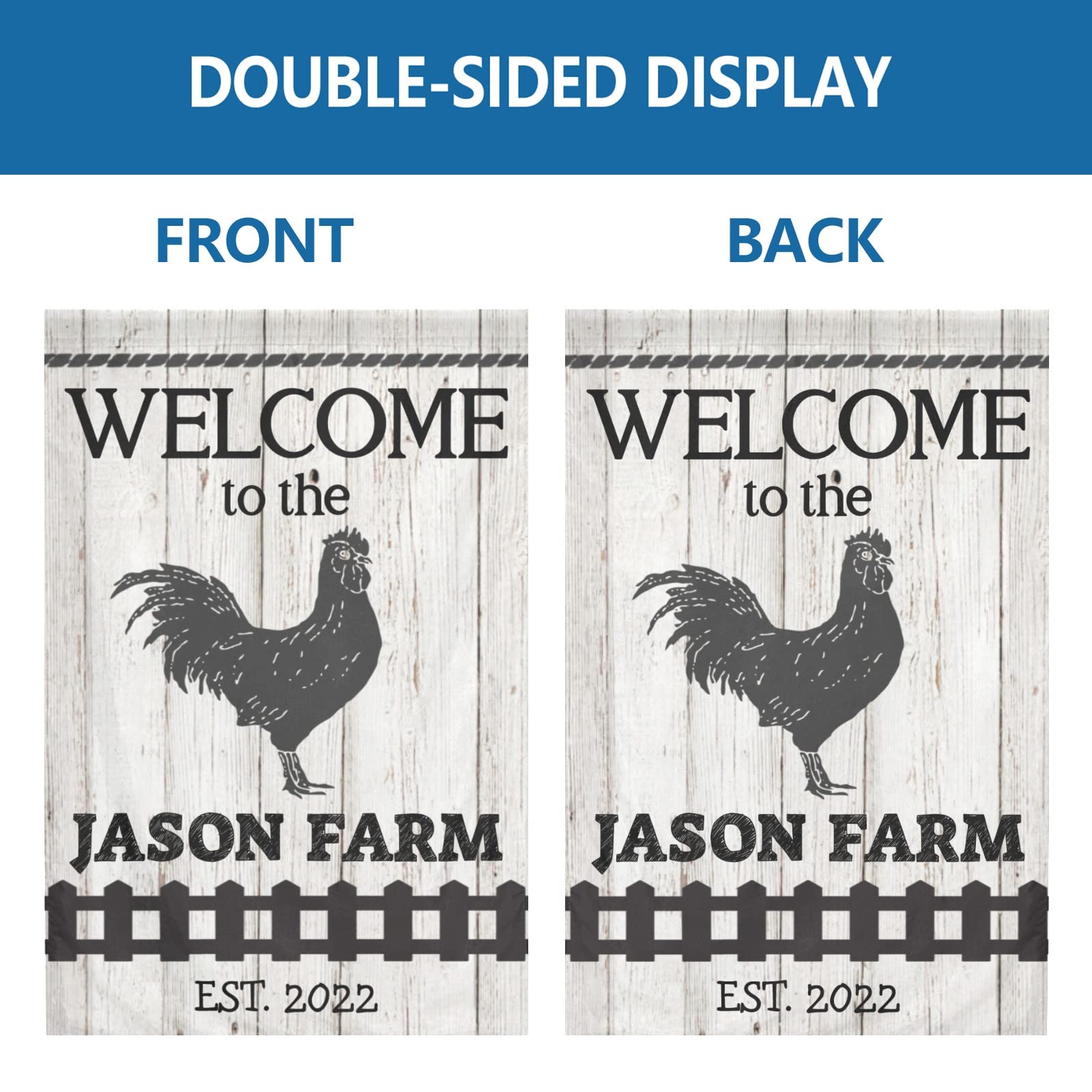 Custom Personalized Welcome Black Chicken Farm Wood Print Garden Flag - Double Sided 28x40 Inch with Name - Indoor Outdoor Home Decor for Porch, Yard, Farmhouse & Seasonal Celebrations